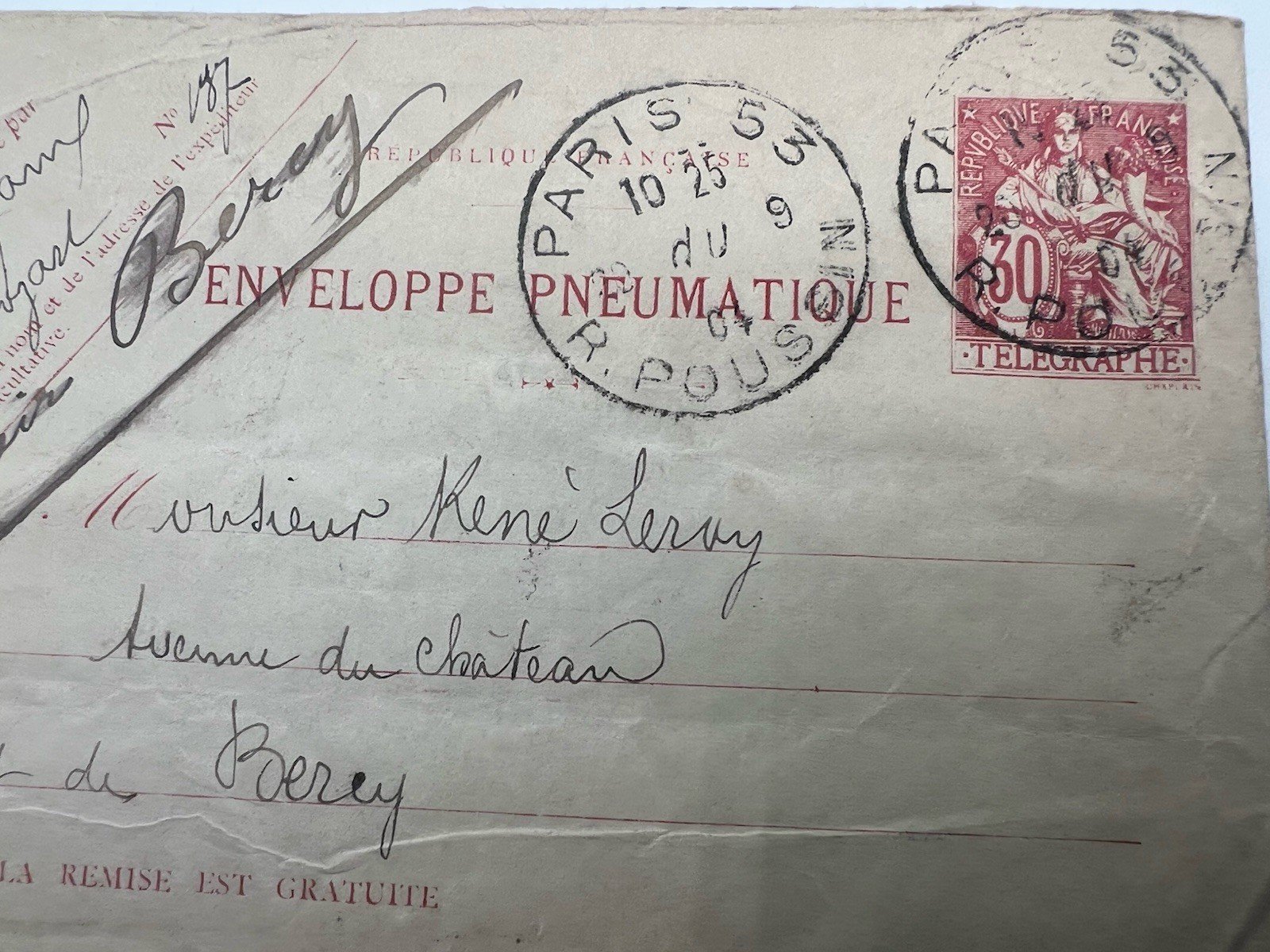 1904 Paris Pneumatic Mail Envelope 30c Télégraphie Bercy France # 1189 photo 2