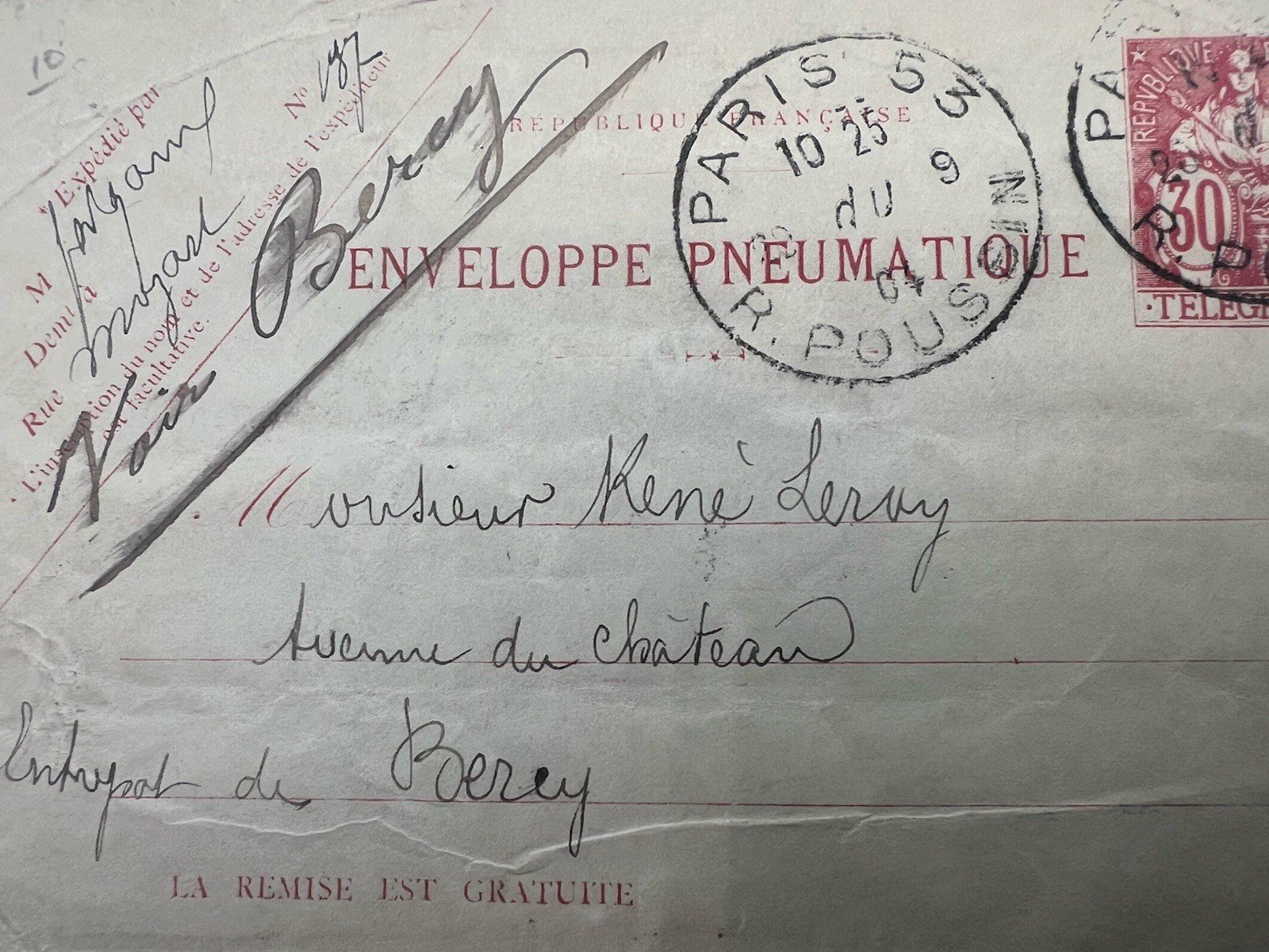 1904 Paris Pneumatic Mail Envelope 30c Télégraphie Bercy France # 1189 photo 3