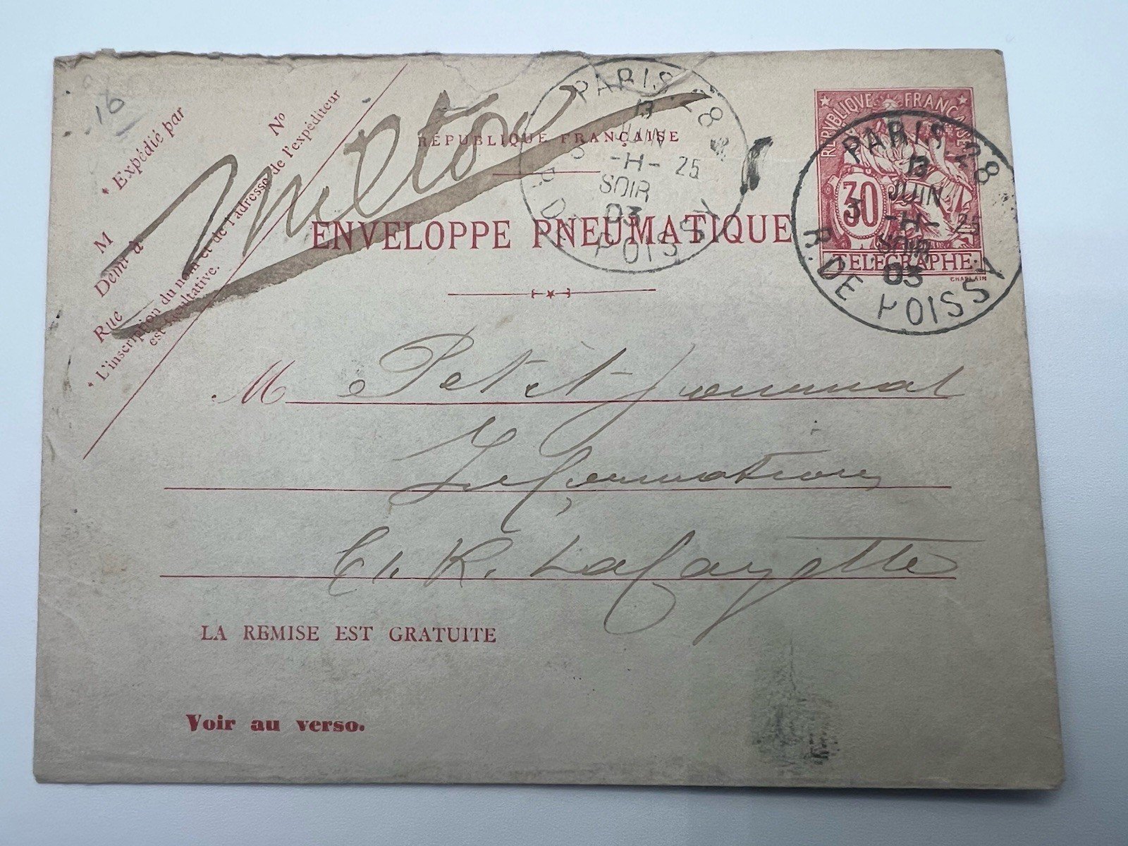 Early 1900s Paris Pneumatic Mail 30c Télégraphie Stamp France # 1190