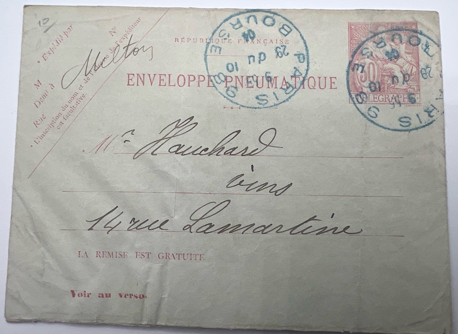 1904 Paris Pneumatic Mail 30c Télégraphie Blue Cancels France # 1191