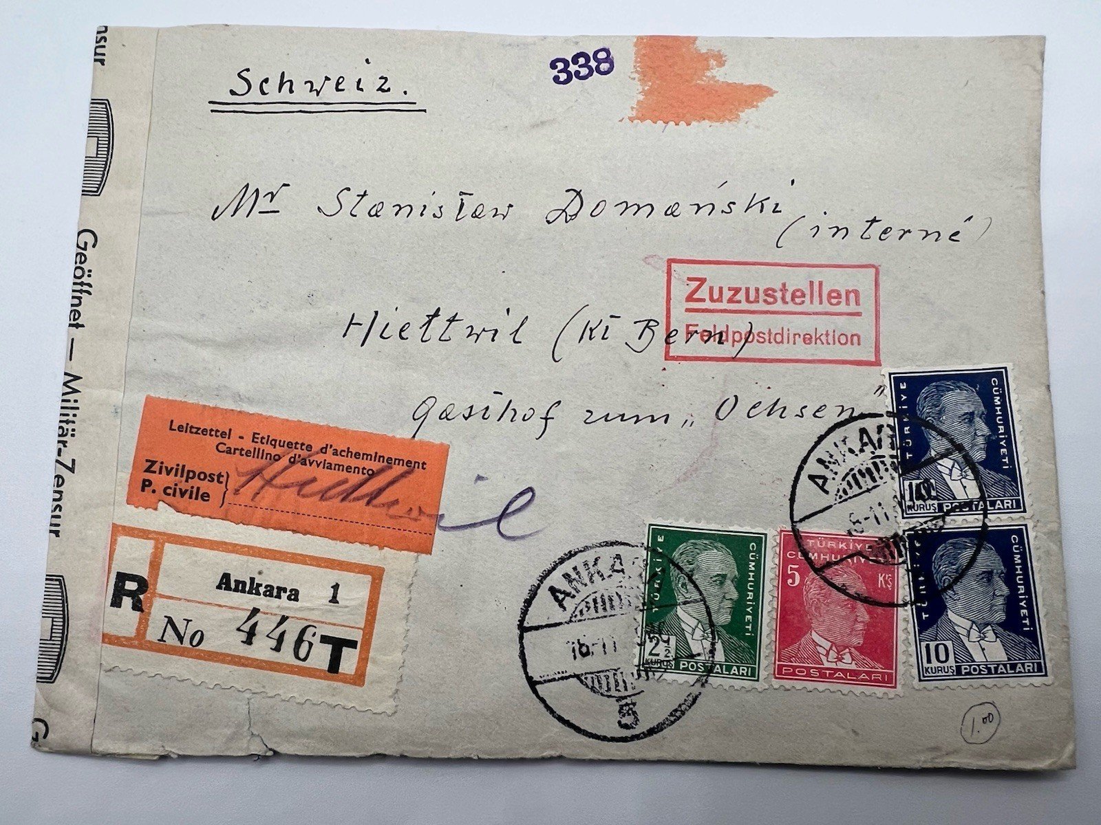 1940 Turkey Registered Cover to Polish Internee Switzerland WWII Censor # 1194