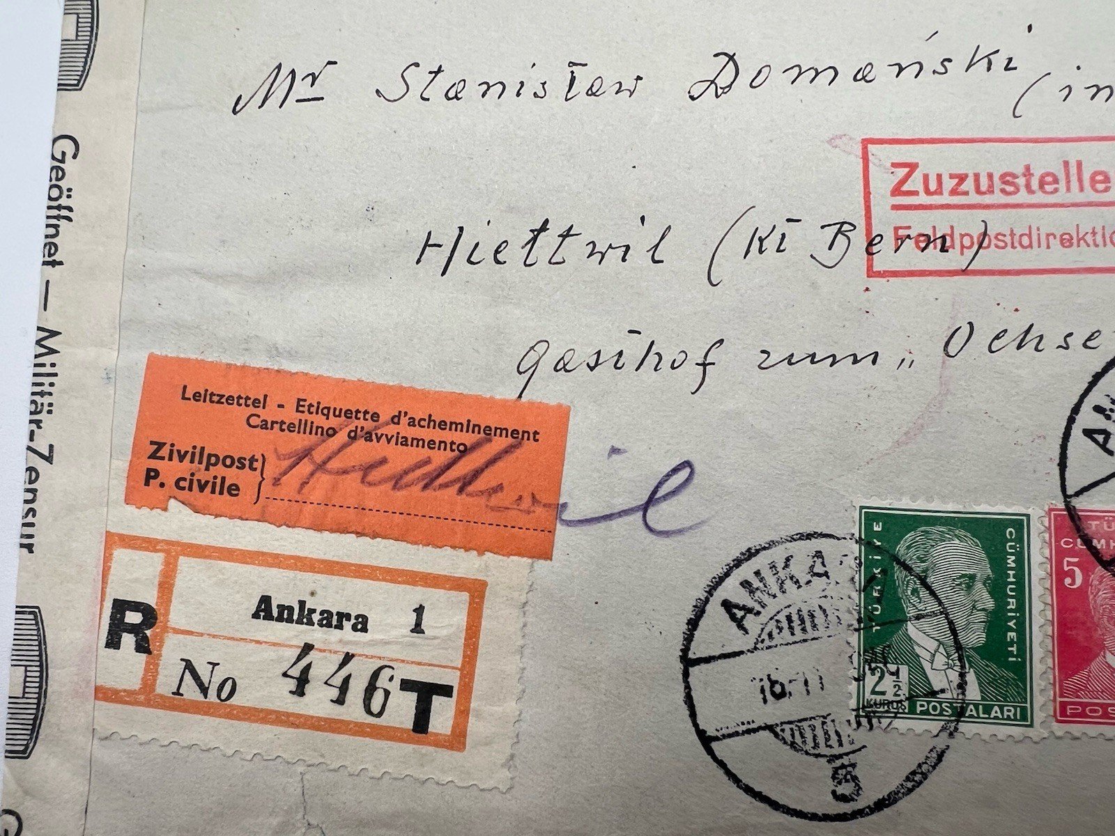 1940 Turkey Registered Cover to Polish Internee Switzerland WWII Censor # 1194 photo 3