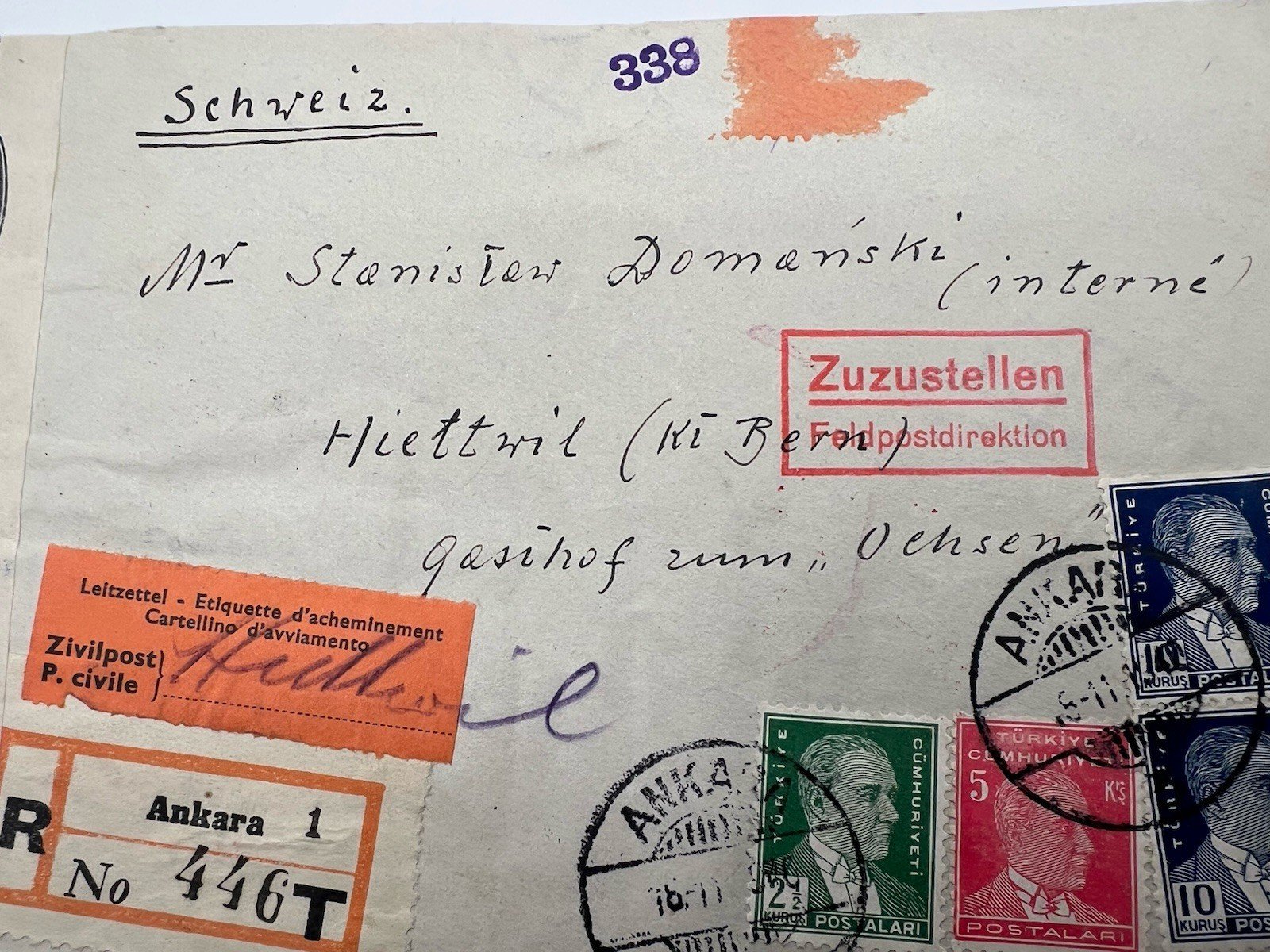1940 Turkey Registered Cover to Polish Internee Switzerland WWII Censor # 1194 photo 4
