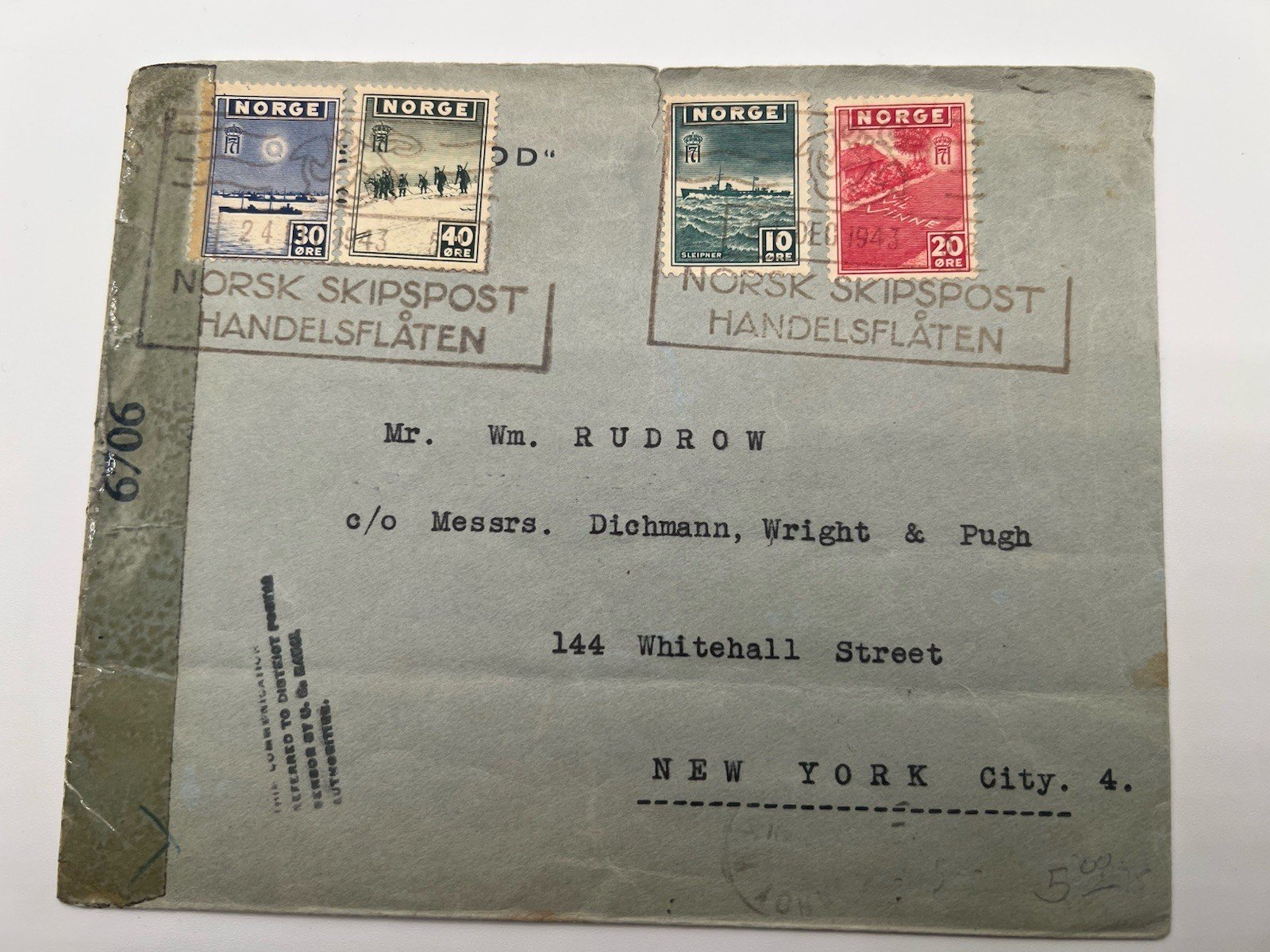 1944 Norway London Issue Merchant Marine Cover USA WWII Naval Censor # 1195