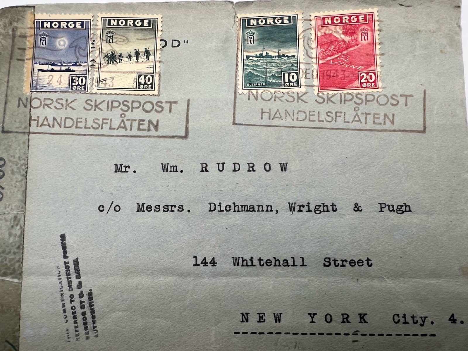 1944 Norway London Issue Merchant Marine Cover USA WWII Naval Censor # 1195 photo 2