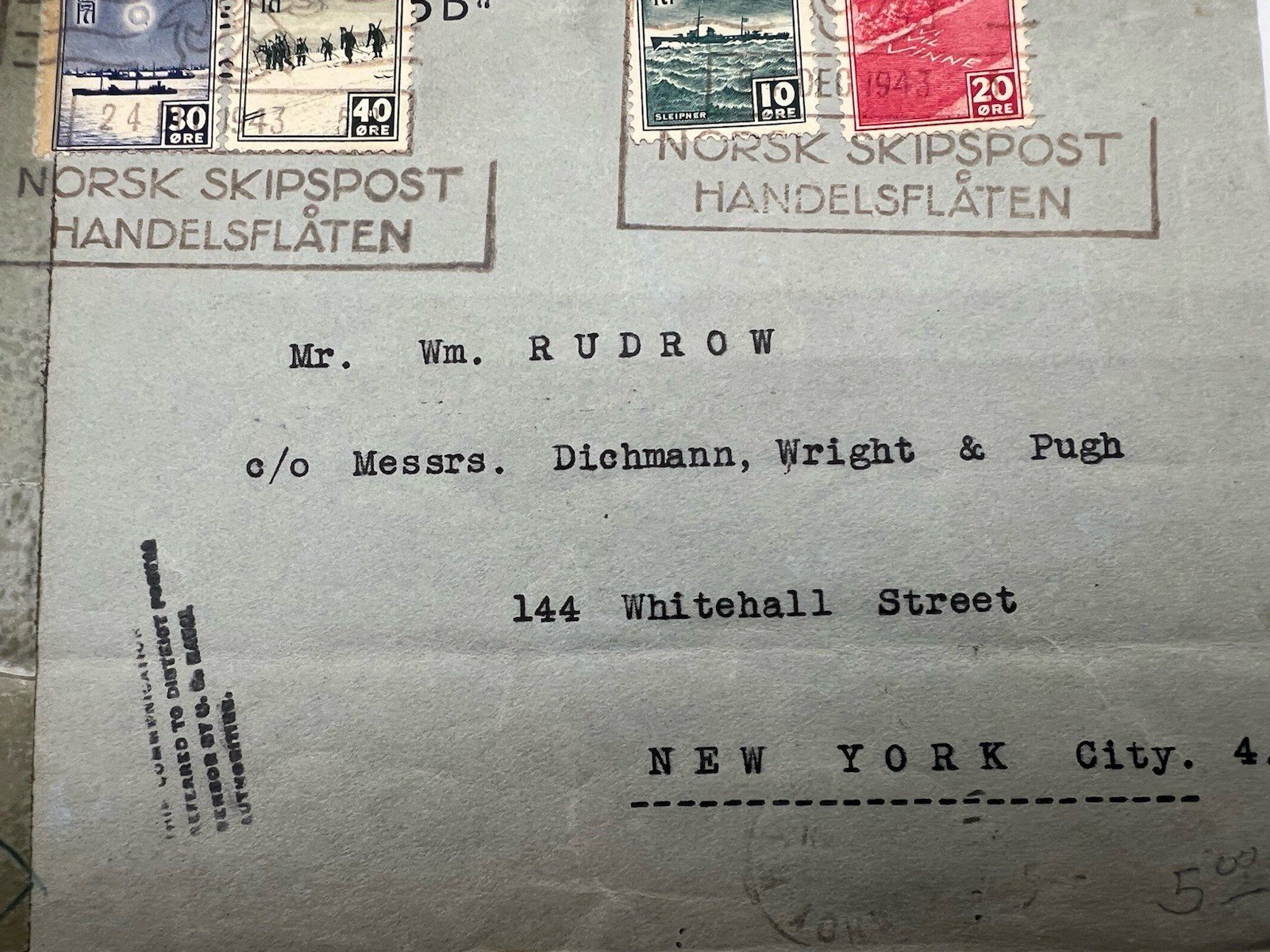 1944 Norway London Issue Merchant Marine Cover USA WWII Naval Censor # 1195 photo 3