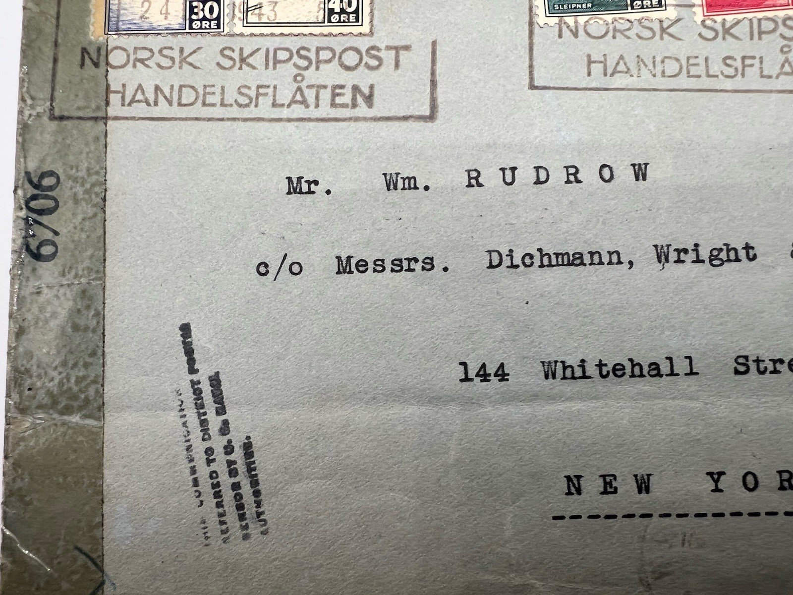 1944 Norway London Issue Merchant Marine Cover USA WWII Naval Censor # 1195 photo 4