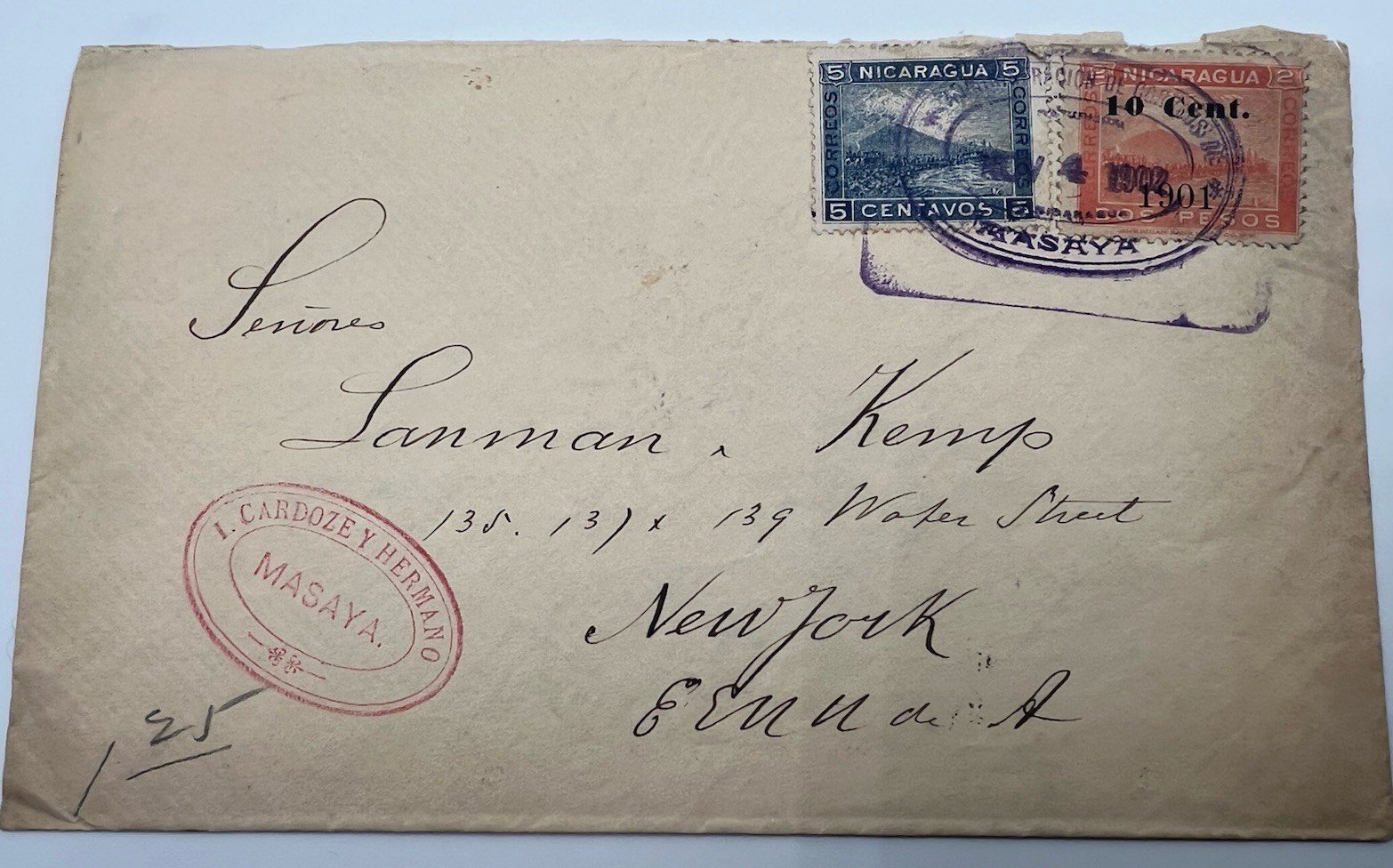 1902 Nicaragua Masaya-New York Cover 5c + 10c/2P Momotombo Stamps # 1196