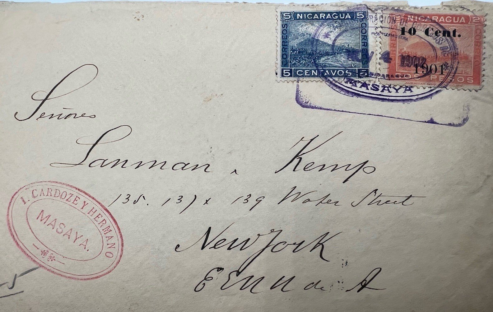 1902 Nicaragua Masaya-New York Cover 5c + 10c/2P Momotombo Stamps # 1196 photo 2
