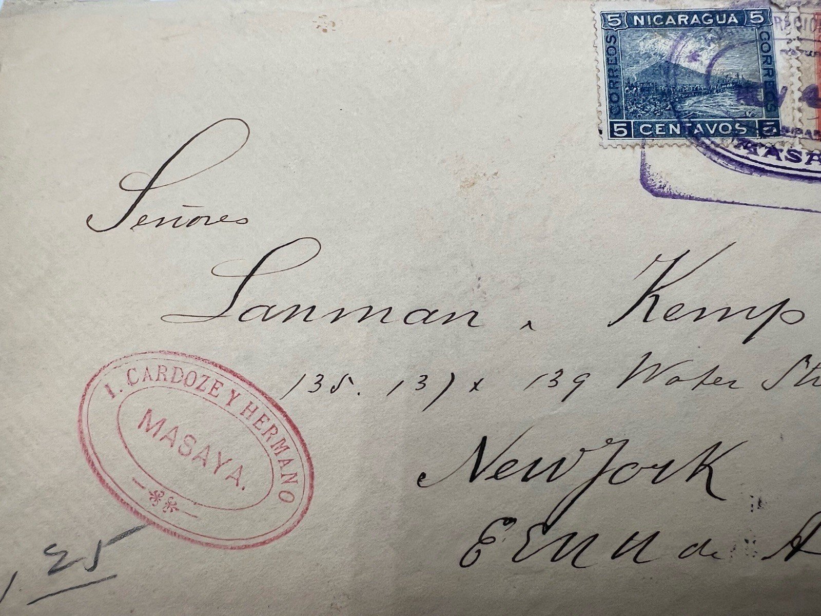1902 Nicaragua Masaya-New York Cover 5c + 10c/2P Momotombo Stamps # 1196 photo 3