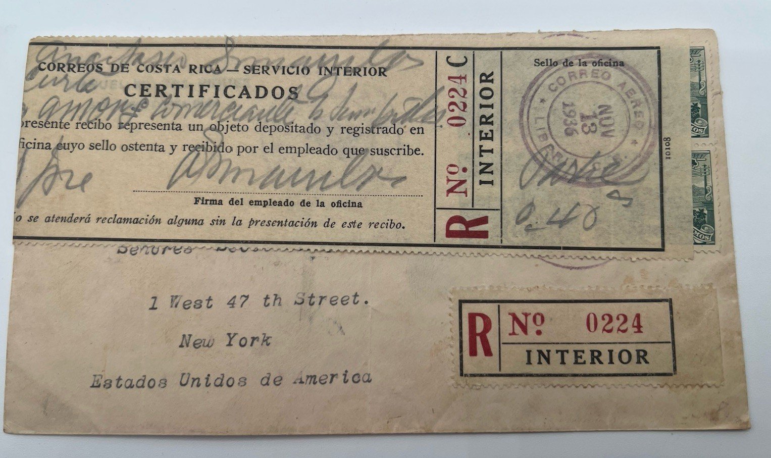 1936 Costa Rica Registered Cover 40c Telegraph Block of 4 to Scott NYC # 1197