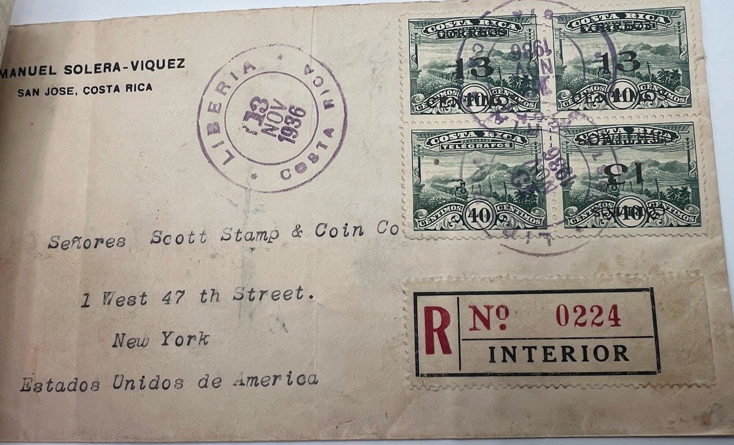1936 Costa Rica Registered Cover 40c Telegraph Block of 4 to Scott NYC # 1197 photo 2