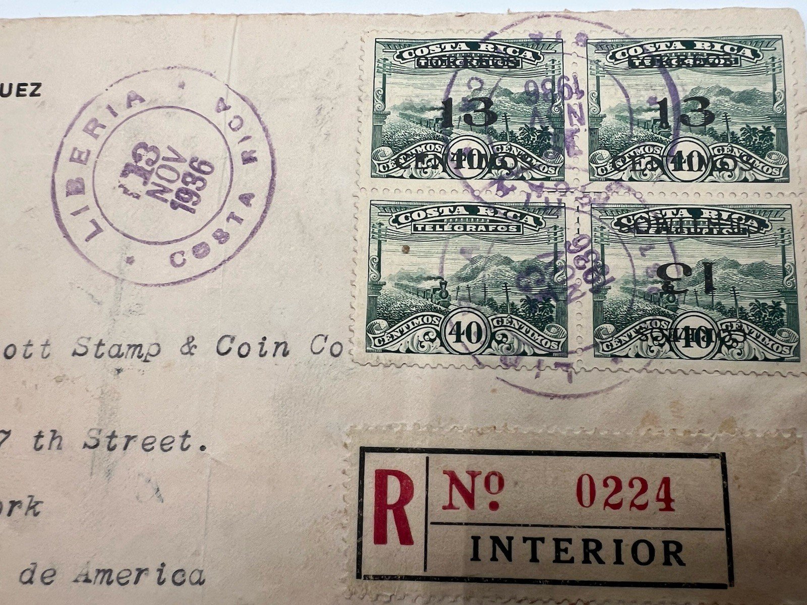 1936 Costa Rica Registered Cover 40c Telegraph Block of 4 to Scott NYC # 1197 photo 3