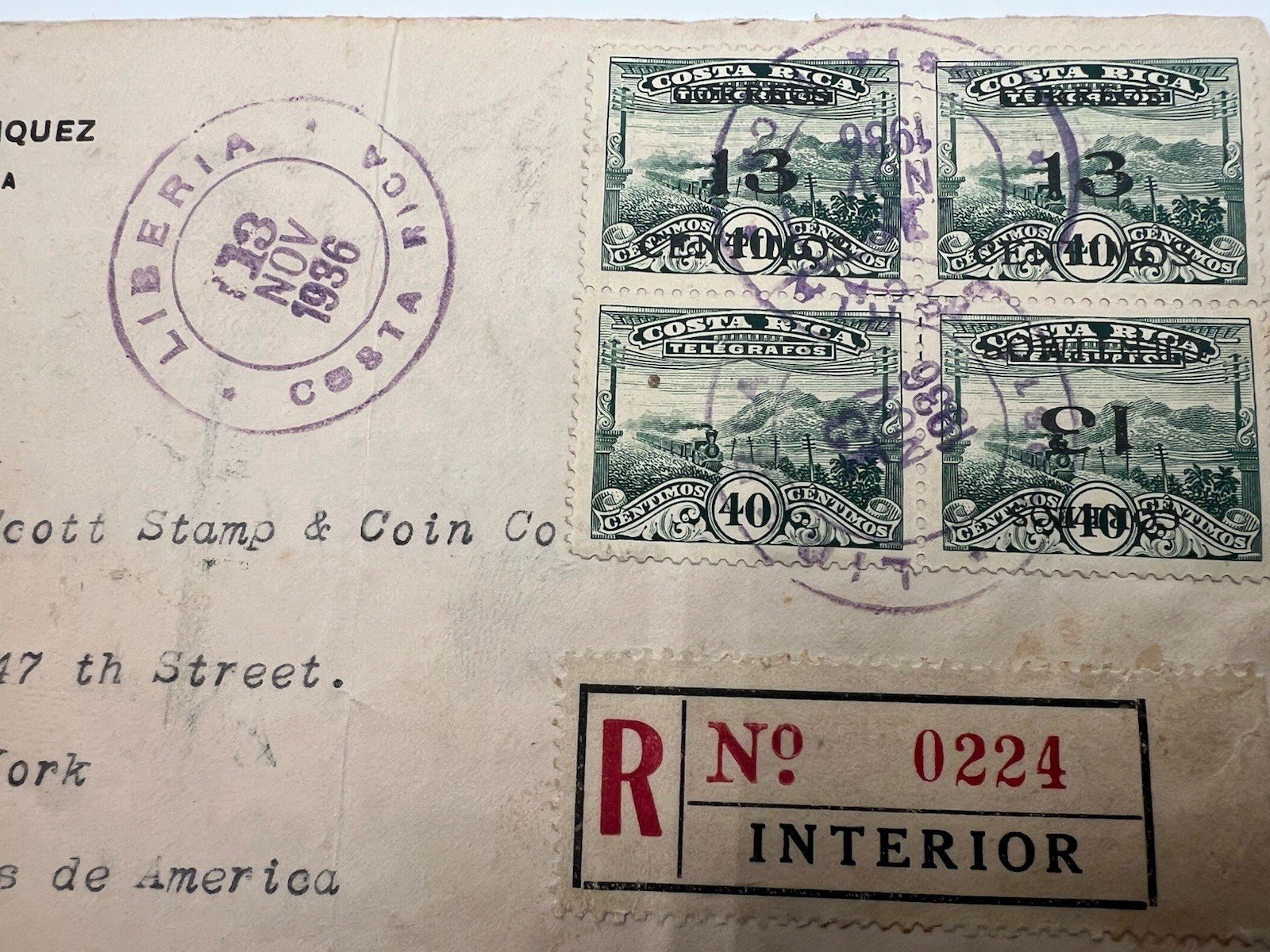 1936 Costa Rica Registered Cover 40c Telegraph Block of 4 to Scott NYC # 1197 photo 4