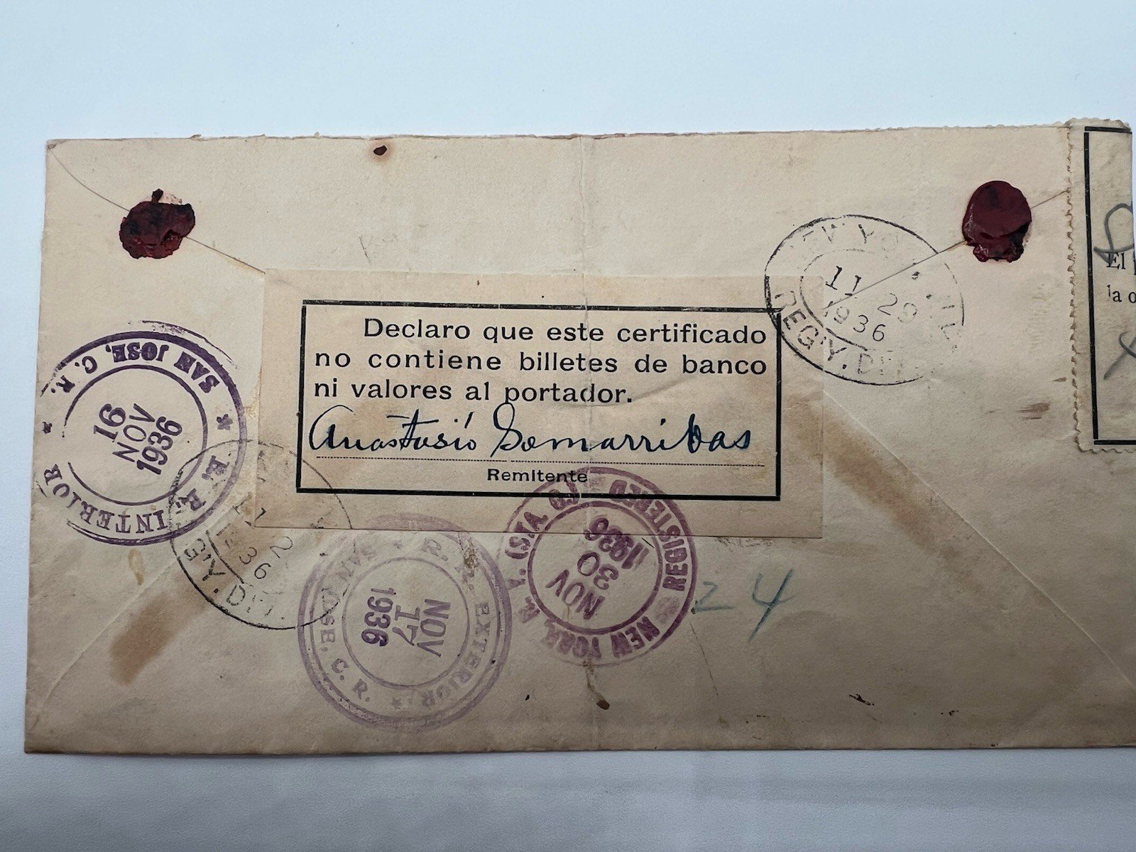 1936 Costa Rica Registered Cover 40c Telegraph Block of 4 to Scott NYC # 1197 photo 6