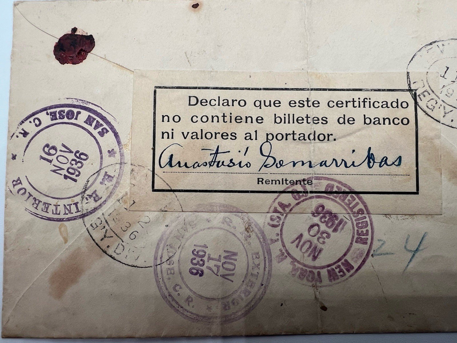 1936 Costa Rica Registered Cover 40c Telegraph Block of 4 to Scott NYC # 1197 photo 7