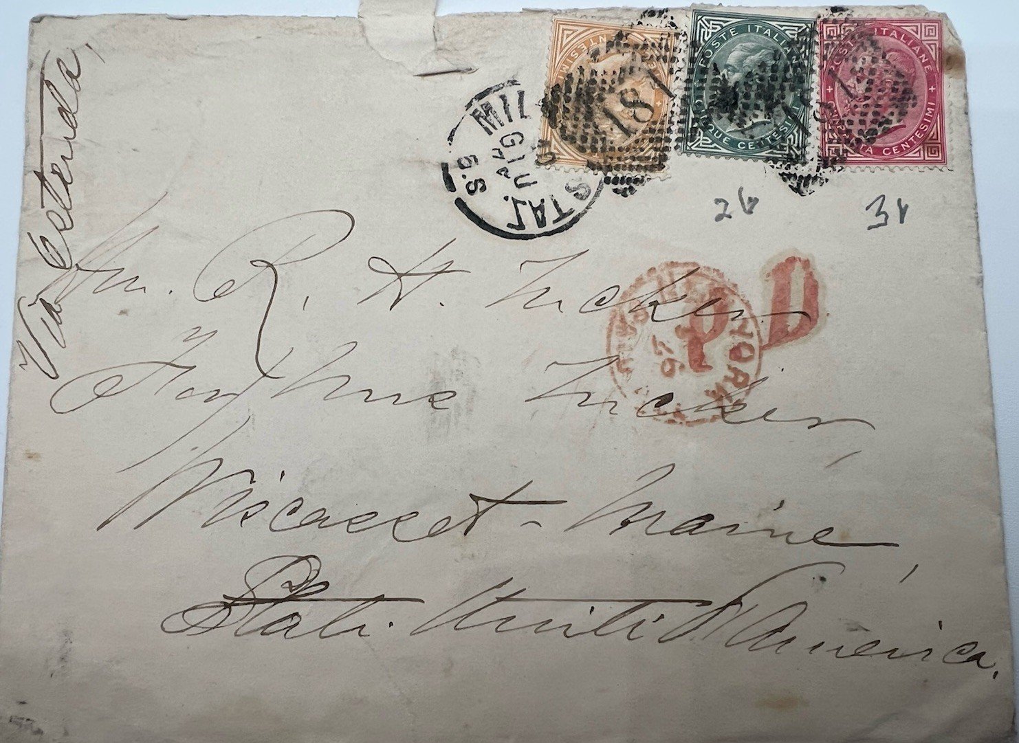 1871 Italy to Wiscasset Maine 55c 3-Color Franking Via Ostend Cover # 1199
