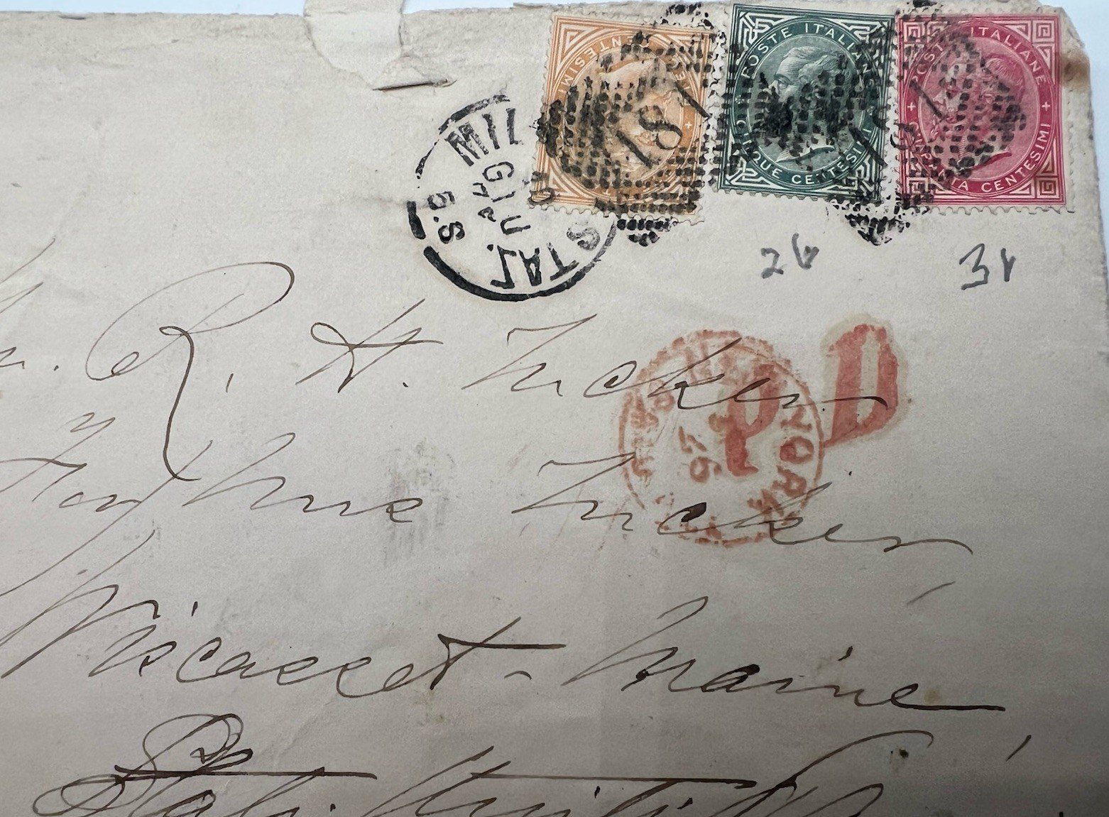 1871 Italy to Wiscasset Maine 55c 3-Color Franking Via Ostend Cover # 1199 photo 2