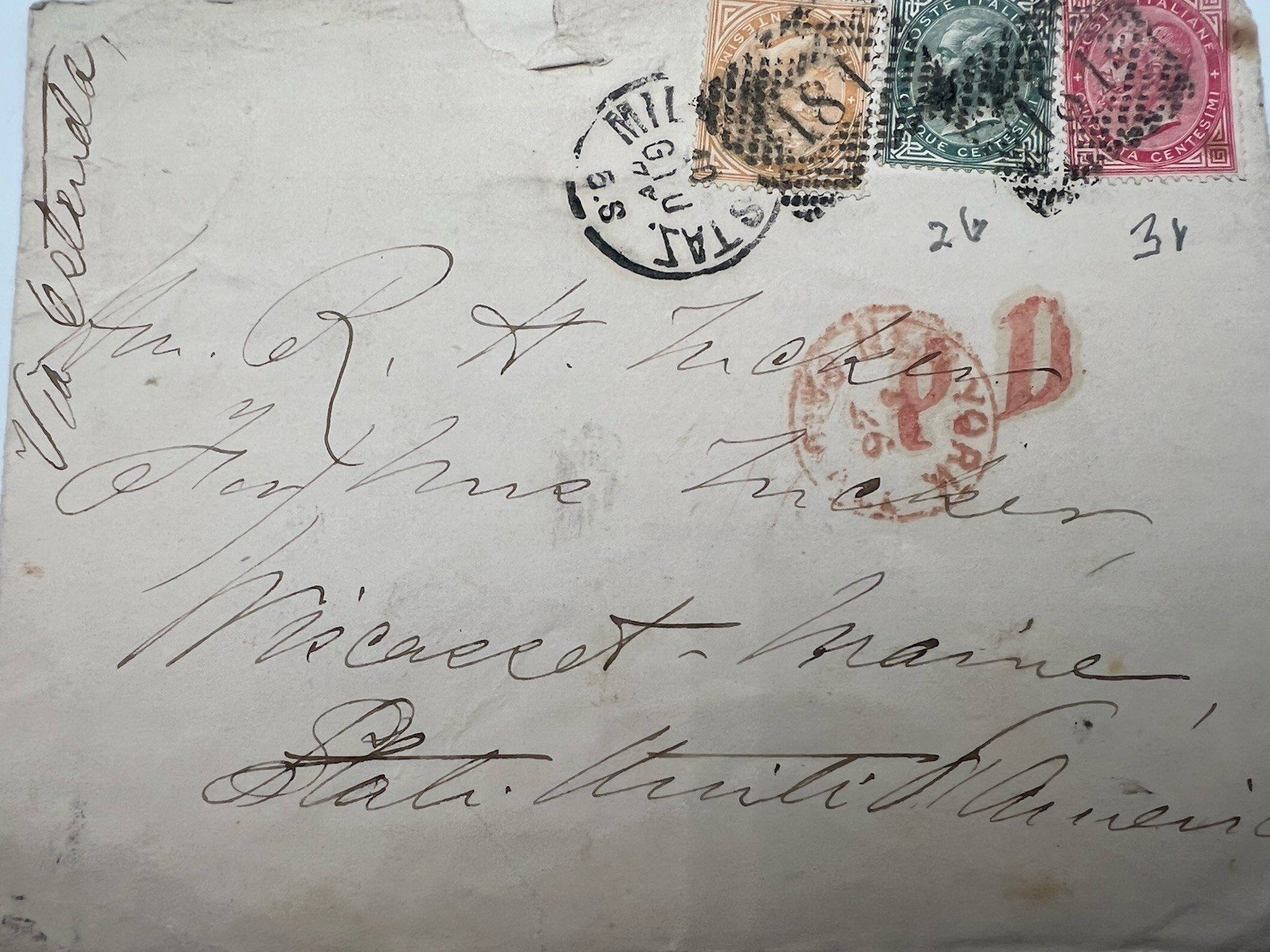1871 Italy to Wiscasset Maine 55c 3-Color Franking Via Ostend Cover # 1199 photo 5