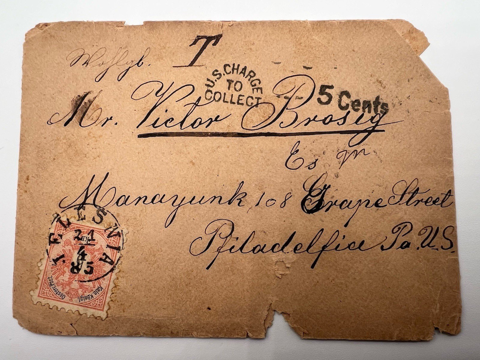 1885 Krems Austria to Philadelphia 5kr Underpaid Cover 5¢ Due # 1201