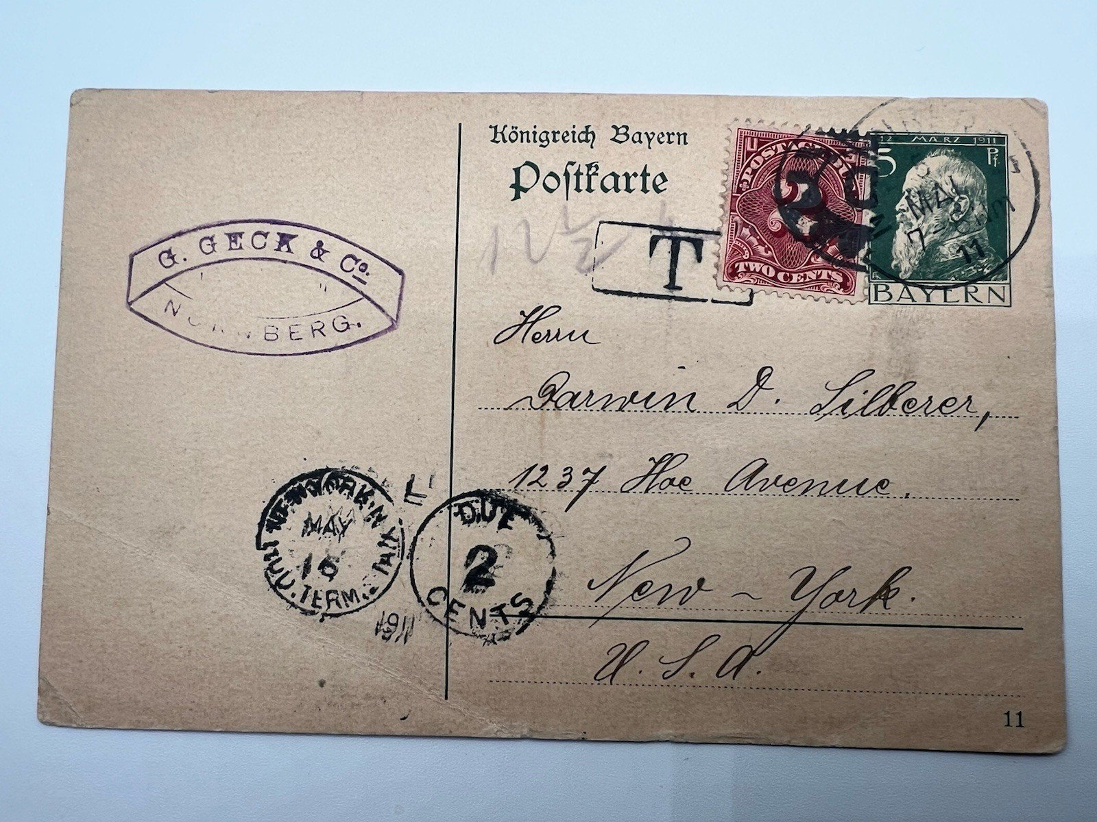 1911 Bavaria to New York 5pf Underpaid Postcard US J46 2¢ Due # 1202