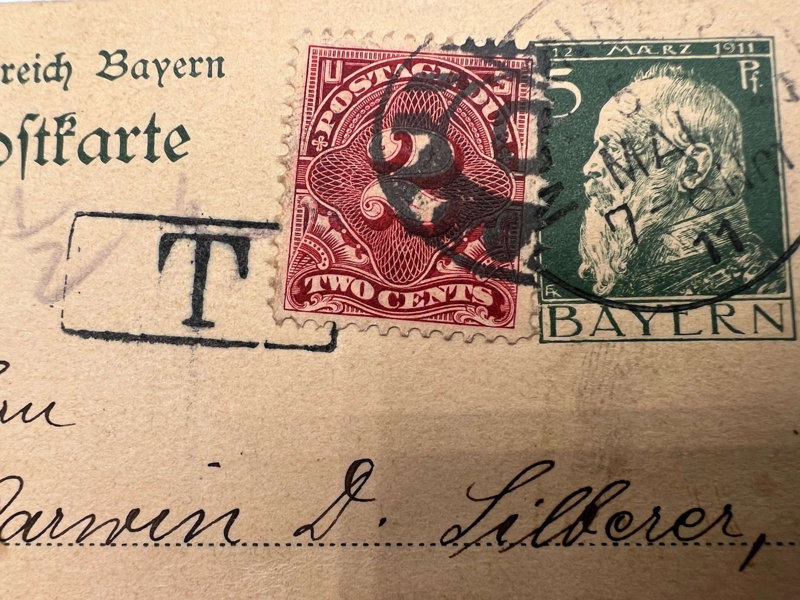 1911 Bavaria to New York 5pf Underpaid Postcard US J46 2¢ Due # 1202 photo 2