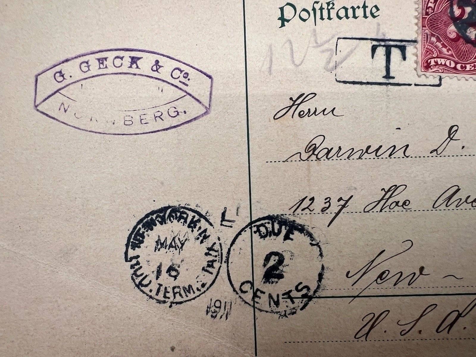 1911 Bavaria to New York 5pf Underpaid Postcard US J46 2¢ Due # 1202 photo 3