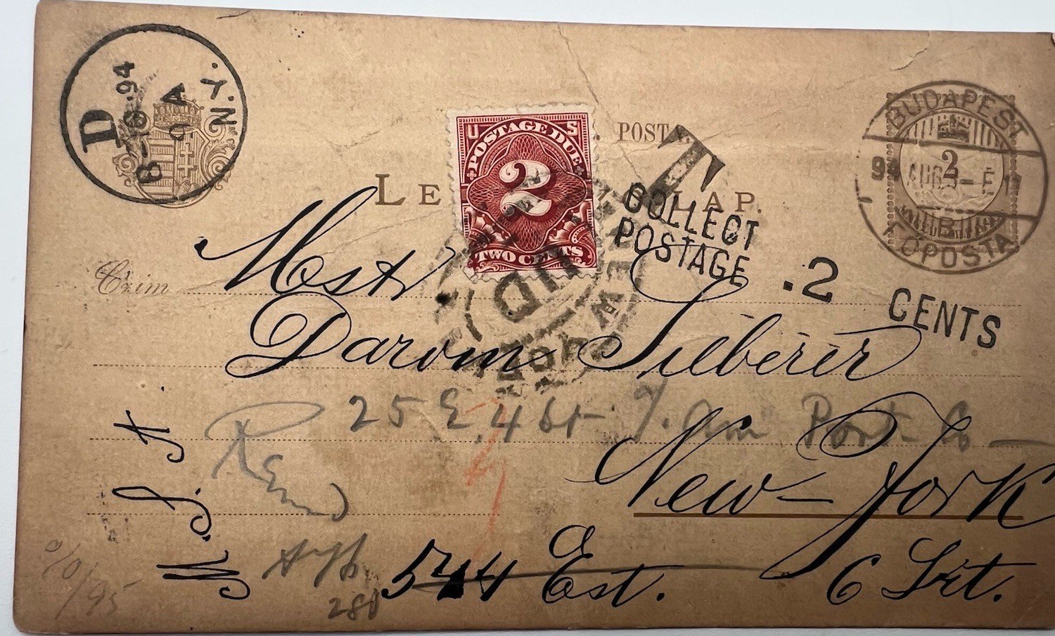 1894 Budapest Hungary to New York US 2¢ Postage Due J32 Postal Card # 1203