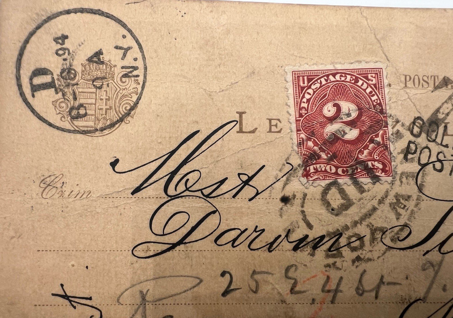 1894 Budapest Hungary to New York US 2¢ Postage Due J32 Postal Card # 1203 photo 3