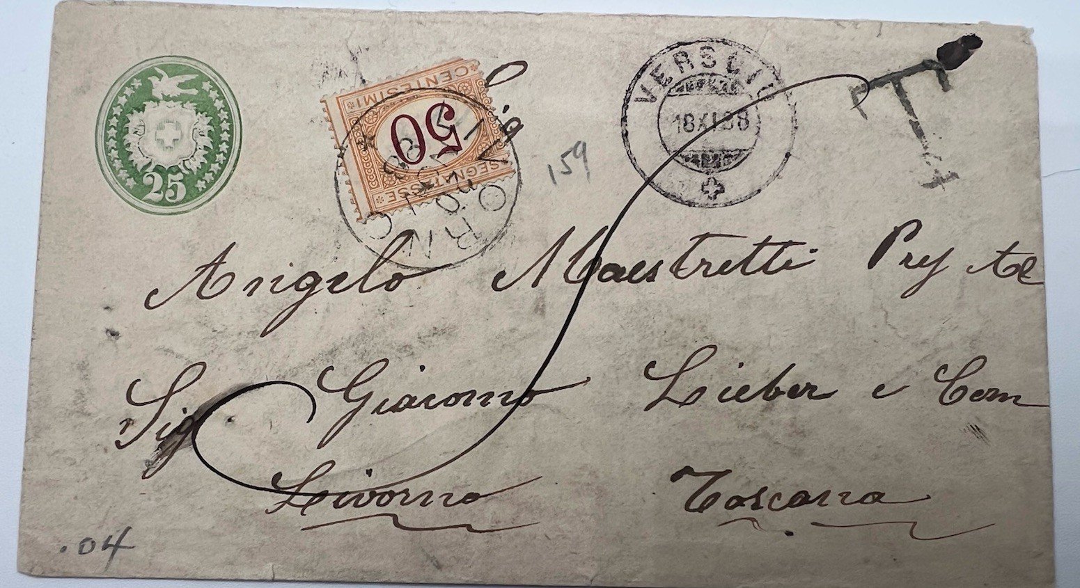 1890 Switzerland 25Rp Tüblibrief to Torino Italy 50c Postage Due Cover # 1204