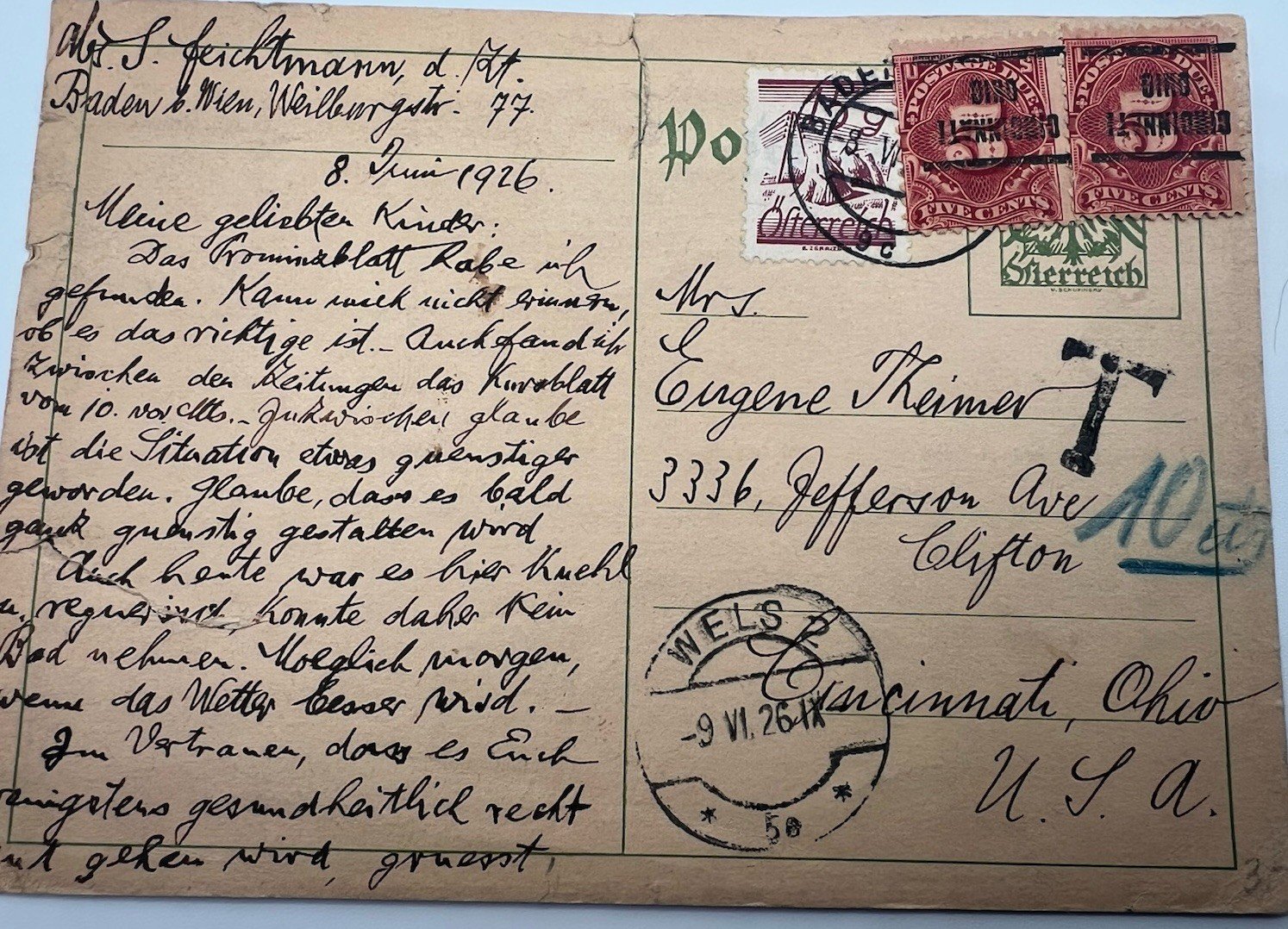 1926 Austria to Cincinnati Ohio 10¢ Postage Due Pair 5¢ Postal Card # 1205
