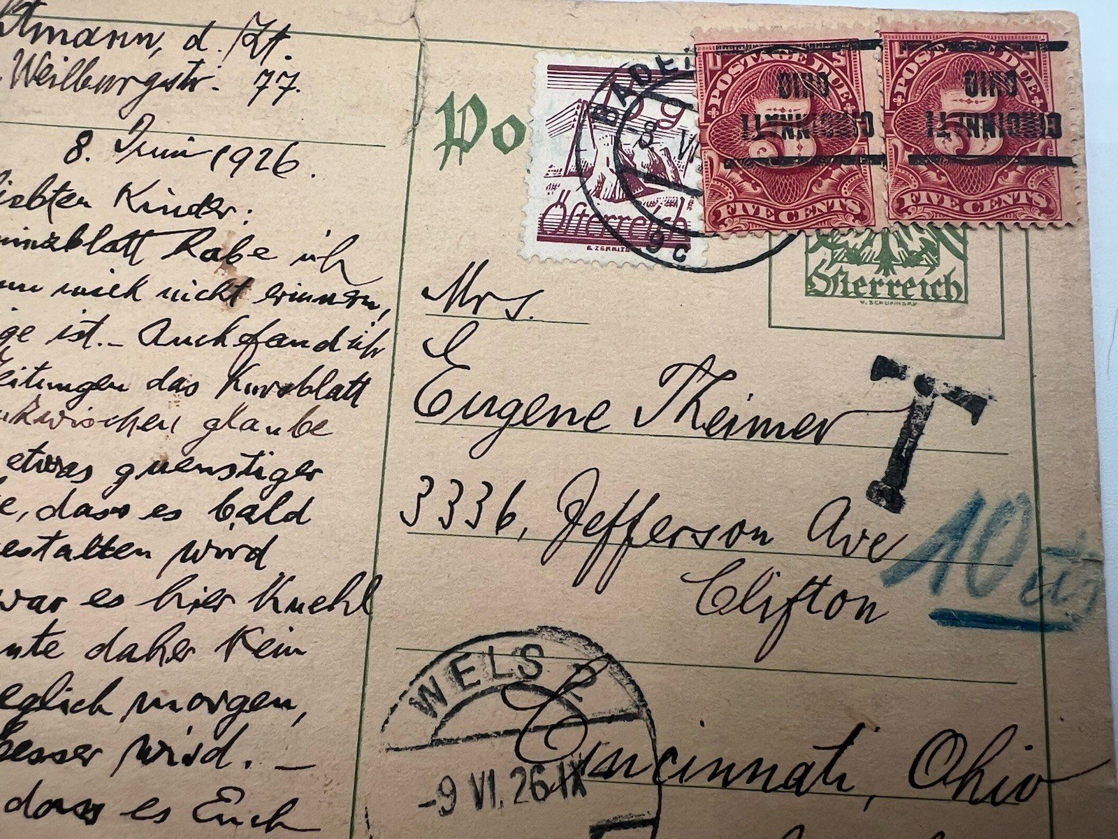 1926 Austria to Cincinnati Ohio 10¢ Postage Due Pair 5¢ Postal Card # 1205 photo 2