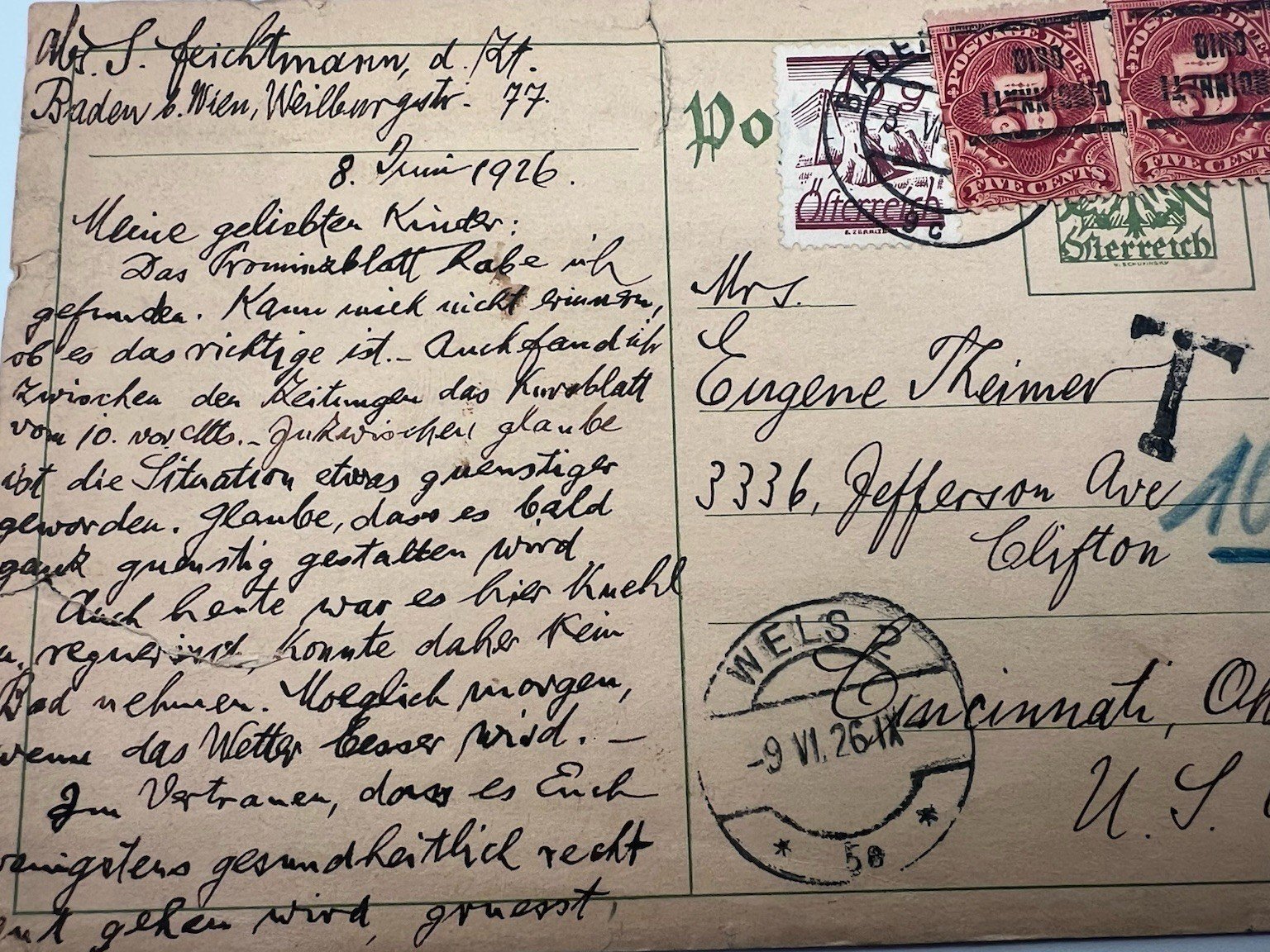 1926 Austria to Cincinnati Ohio 10¢ Postage Due Pair 5¢ Postal Card # 1205 photo 4