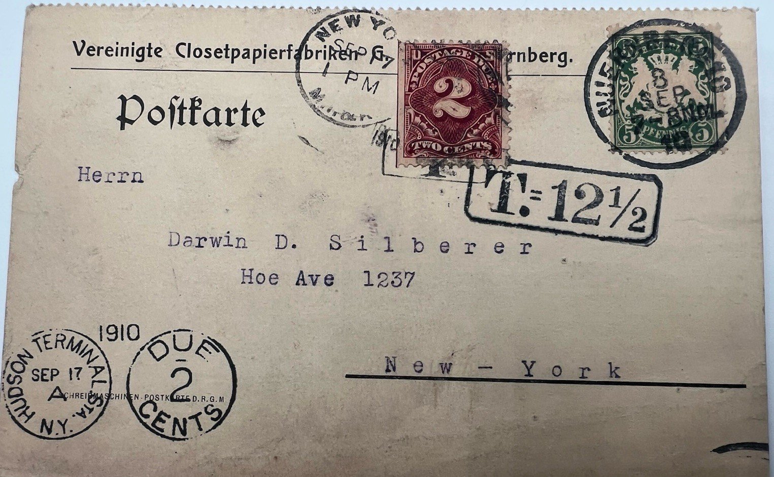 1910 Nürnberg Germany to New York 2¢ Postage Due Toilet Paper Co Card # 1206