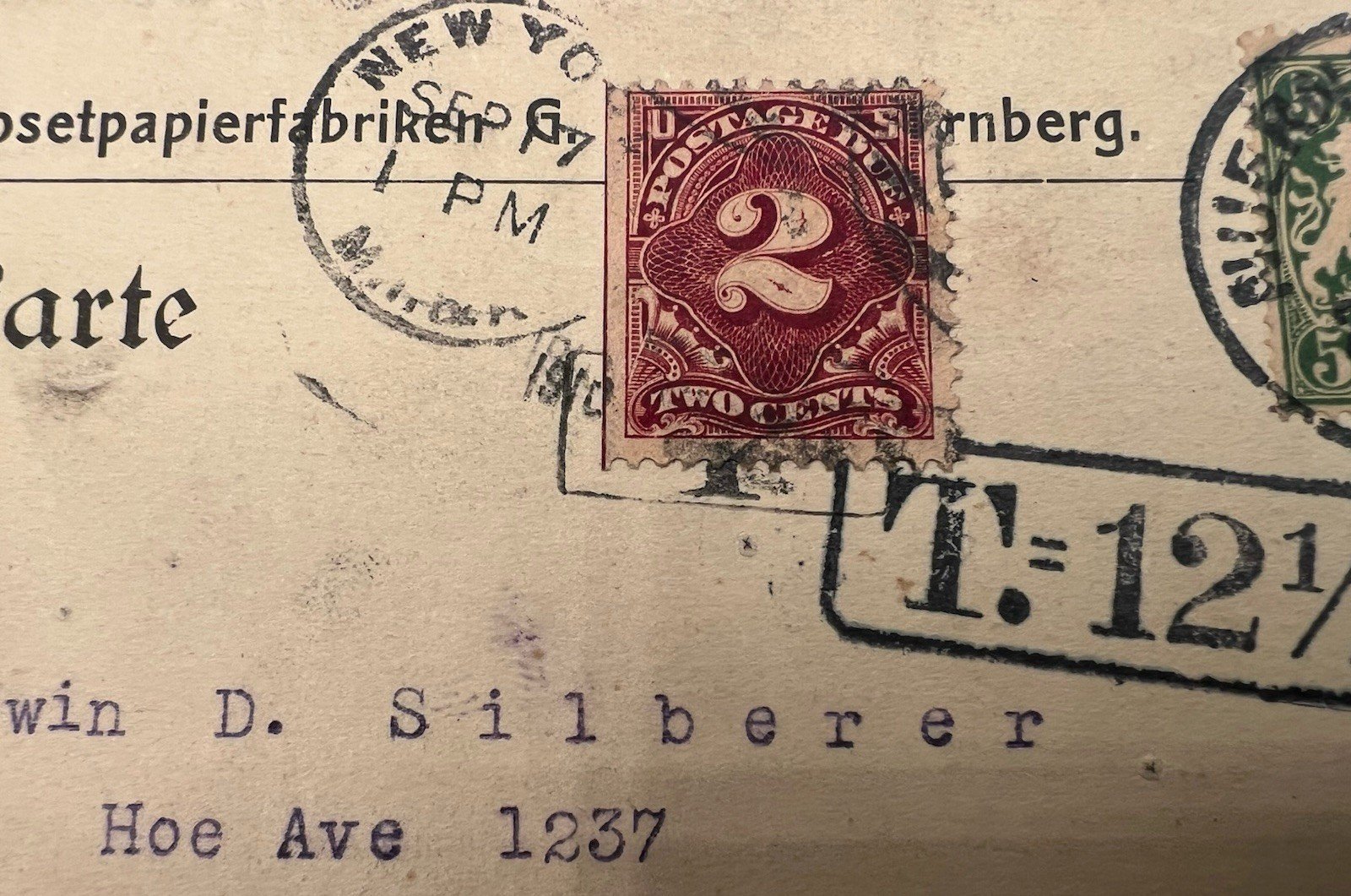 1910 Nürnberg Germany to New York 2¢ Postage Due Toilet Paper Co Card # 1206 photo 3