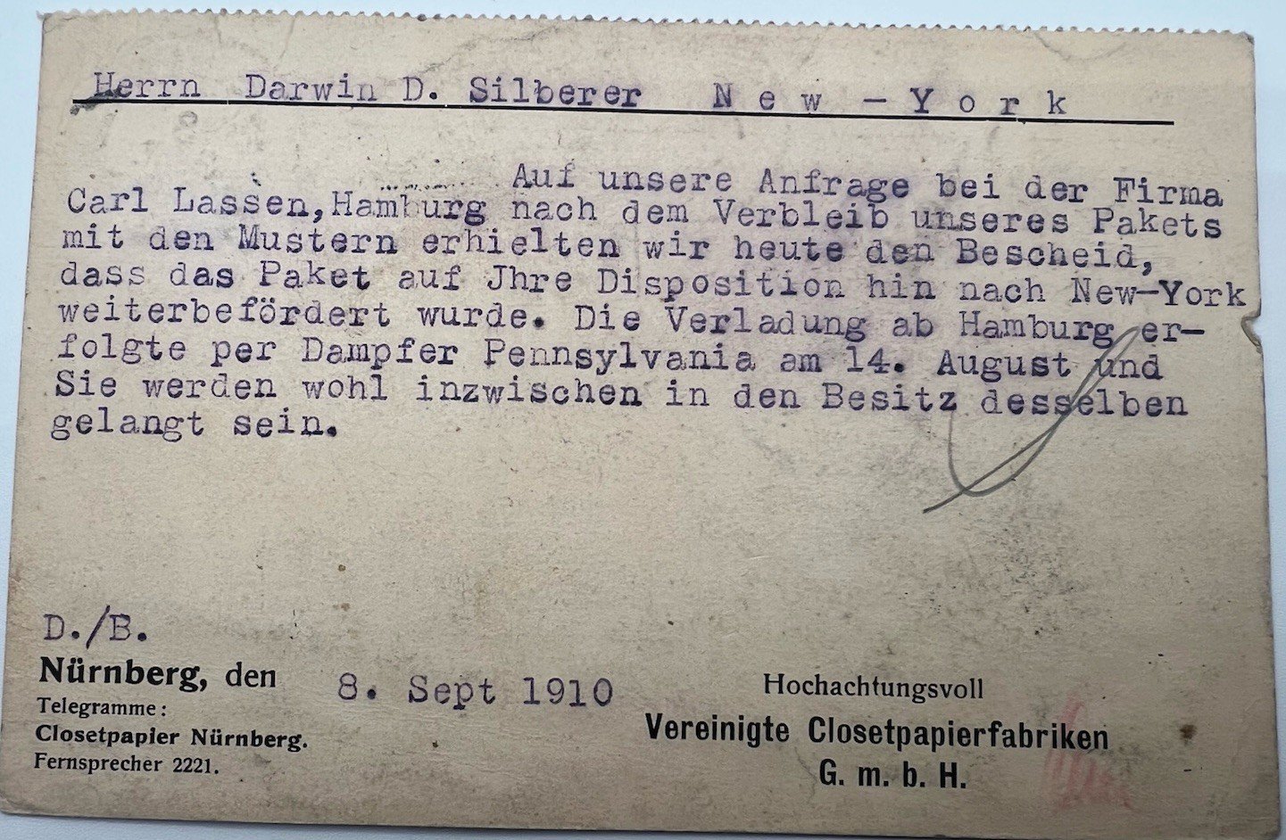 1910 Nürnberg Germany to New York 2¢ Postage Due Toilet Paper Co Card # 1206 photo 5