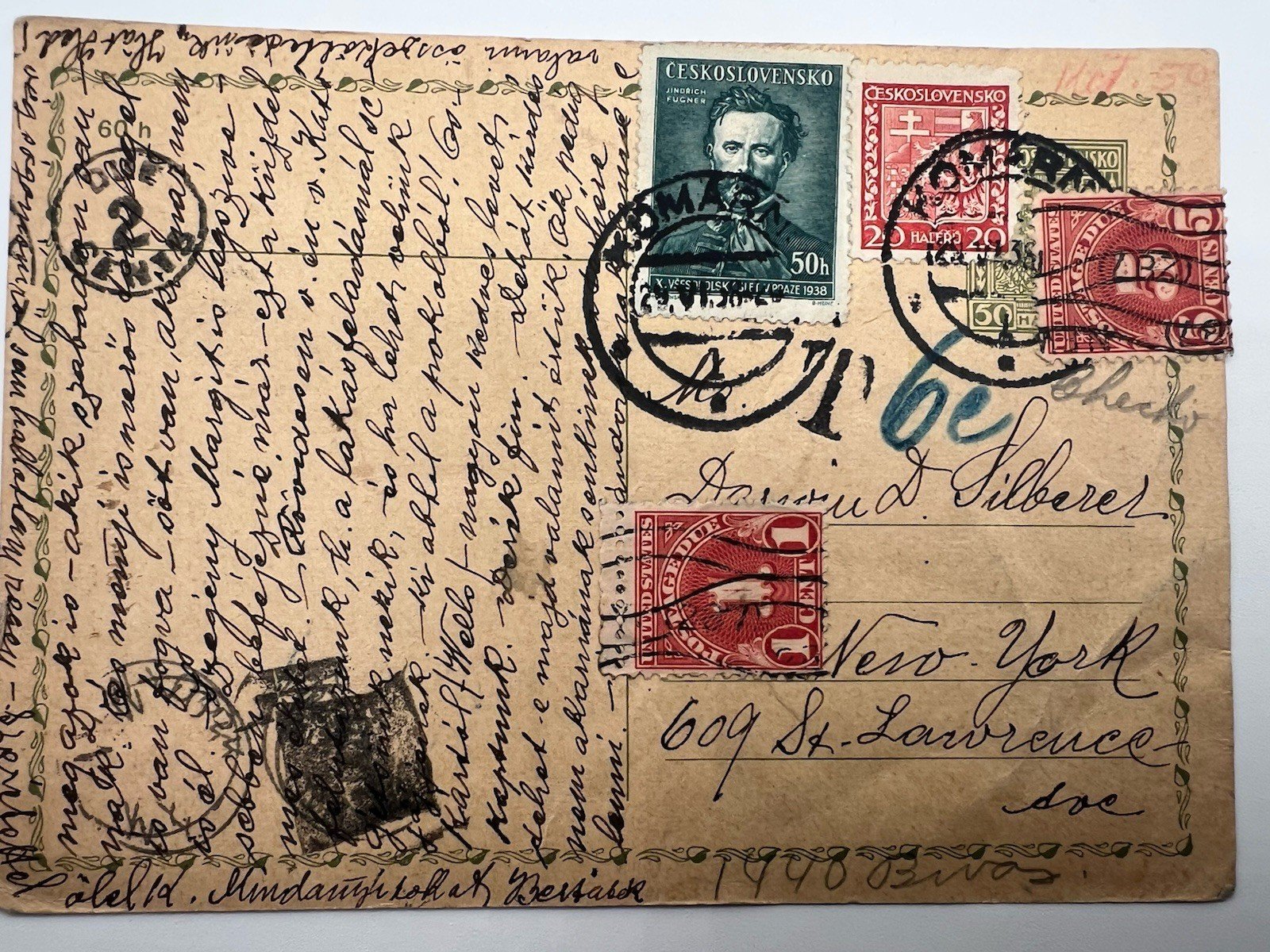 1938 Komárno Czechoslovakia to New York 6¢ US Postage Due Card # 1207