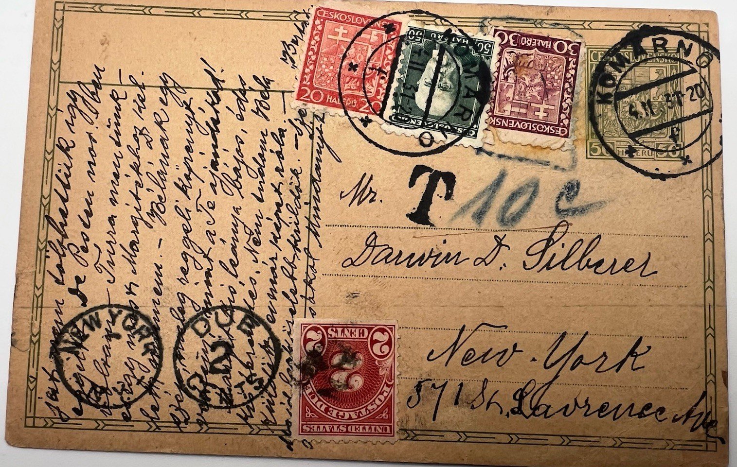 1938 Komárno Czechoslovakia to New York 2¢ US Postage Due Postal Card # 1208
