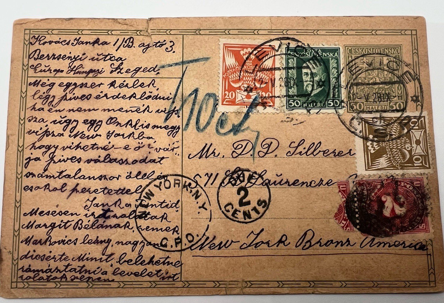 1938 Czechoslovakia to Bronx NY Postcard Mixed Franking 2¢ Postage Due # 1209