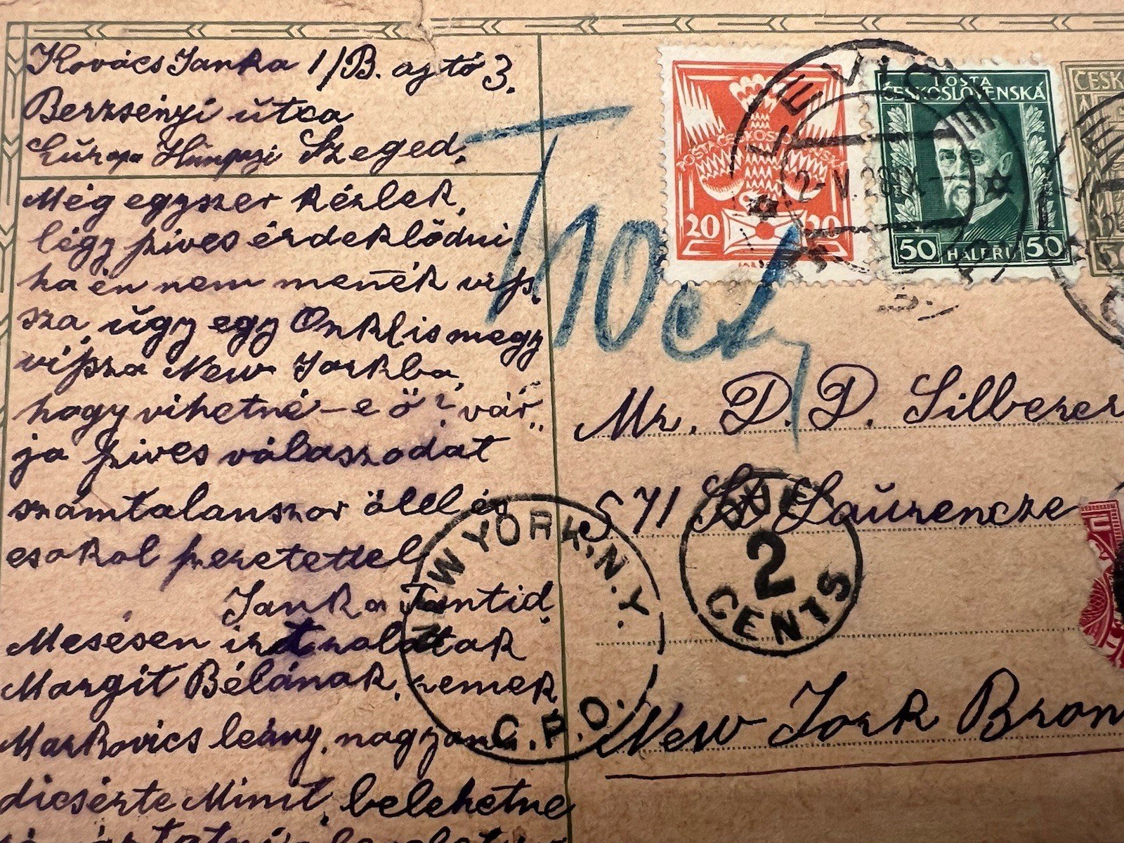 1938 Czechoslovakia to Bronx NY Postcard Mixed Franking 2¢ Postage Due # 1209 photo 5