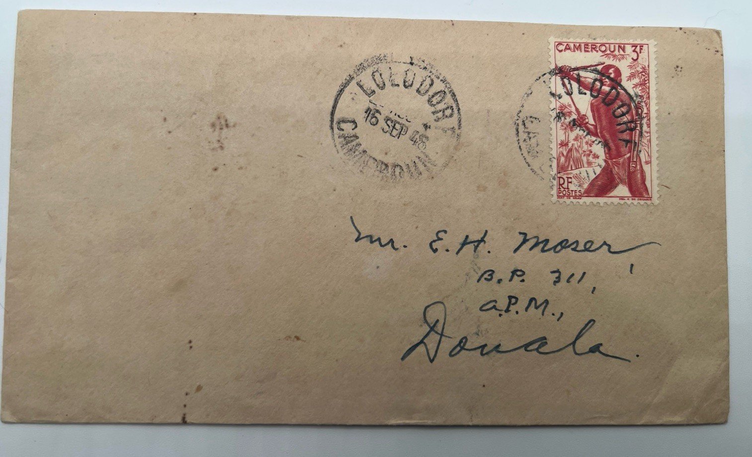 1946 French Cameroun Lolodorf-Douala Cover 3Fr Archer Colonial History # 1210