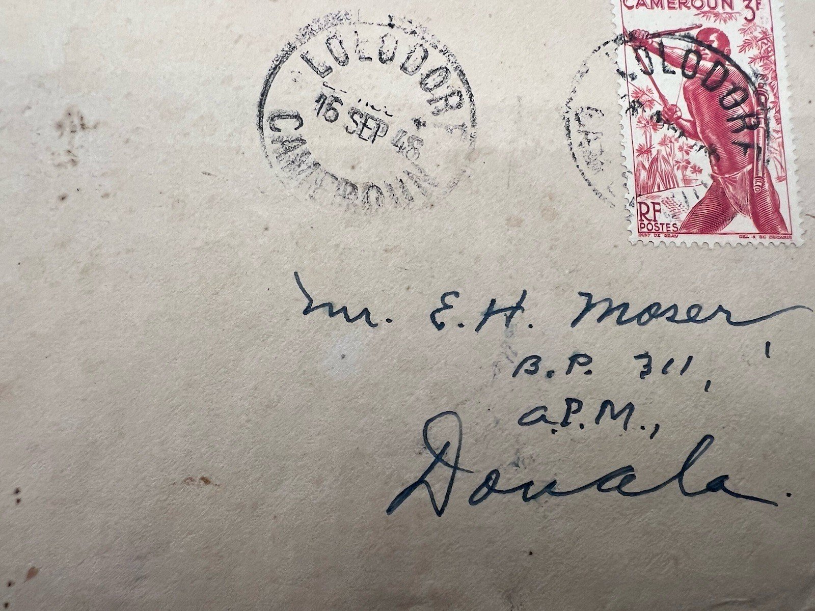 1946 French Cameroun Lolodorf-Douala Cover 3Fr Archer Colonial History # 1210 photo 3