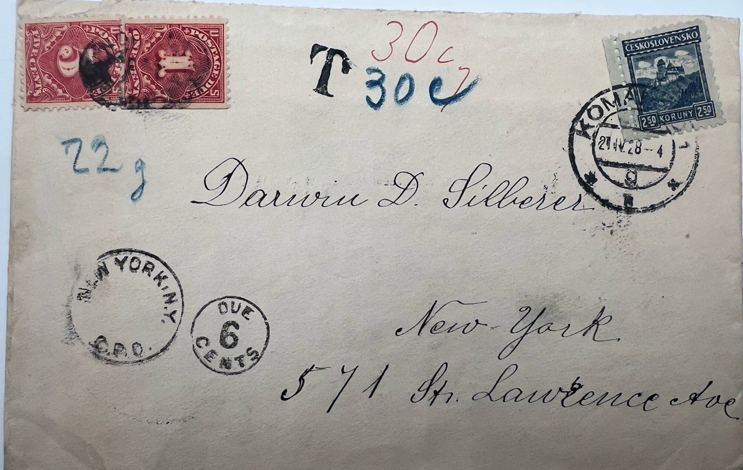 1938 Czechoslovakia Komarno-New York Cover 3¢ US Postage Due Stamps # 1211