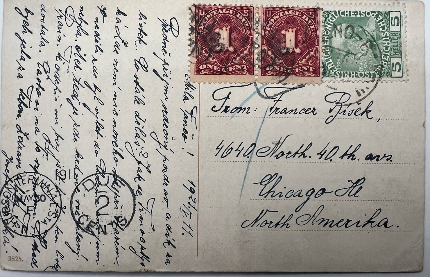 1921 Czechoslovakia-Chicago Postcard Austrian 5h 2¢ US Postage Due # 1212