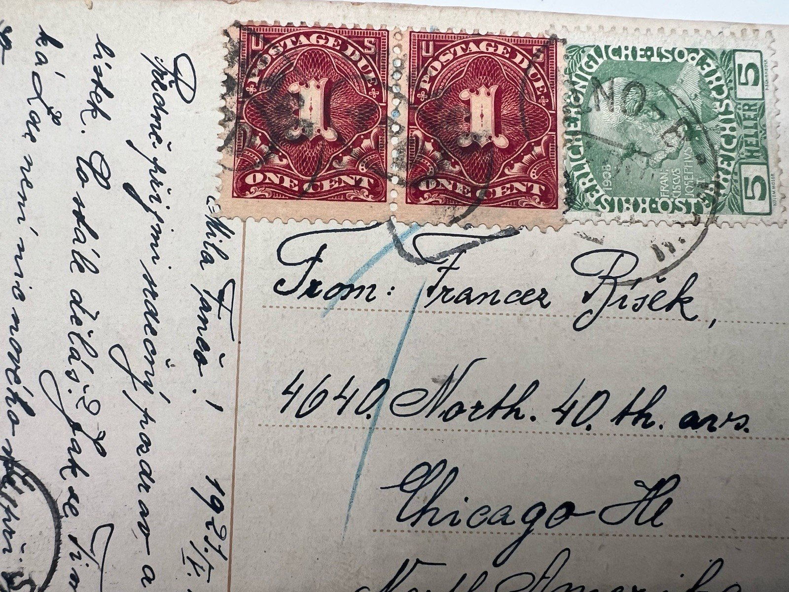 1921 Czechoslovakia-Chicago Postcard Austrian 5h 2¢ US Postage Due # 1212 photo 2