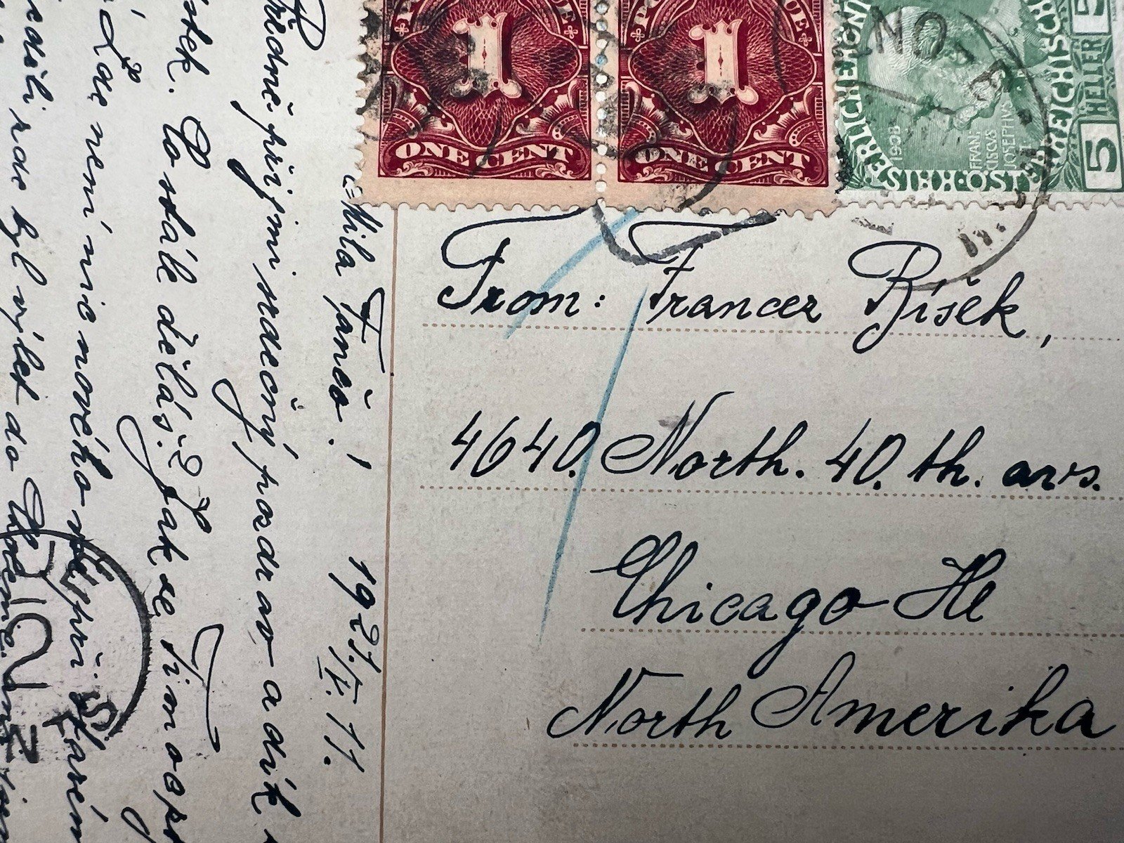 1921 Czechoslovakia-Chicago Postcard Austrian 5h 2¢ US Postage Due # 1212 photo 3