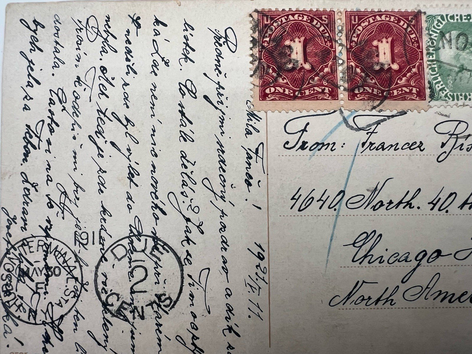 1921 Czechoslovakia-Chicago Postcard Austrian 5h 2¢ US Postage Due # 1212 photo 4