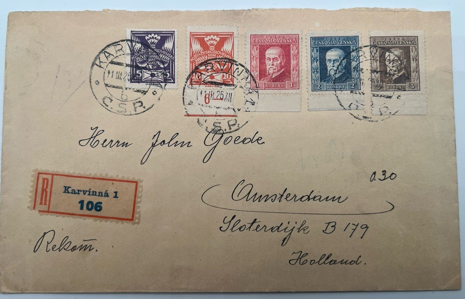 1925 Czechoslovakia Karvinna-Amsterdam Registered Cover Masaryk Stamps # 1214