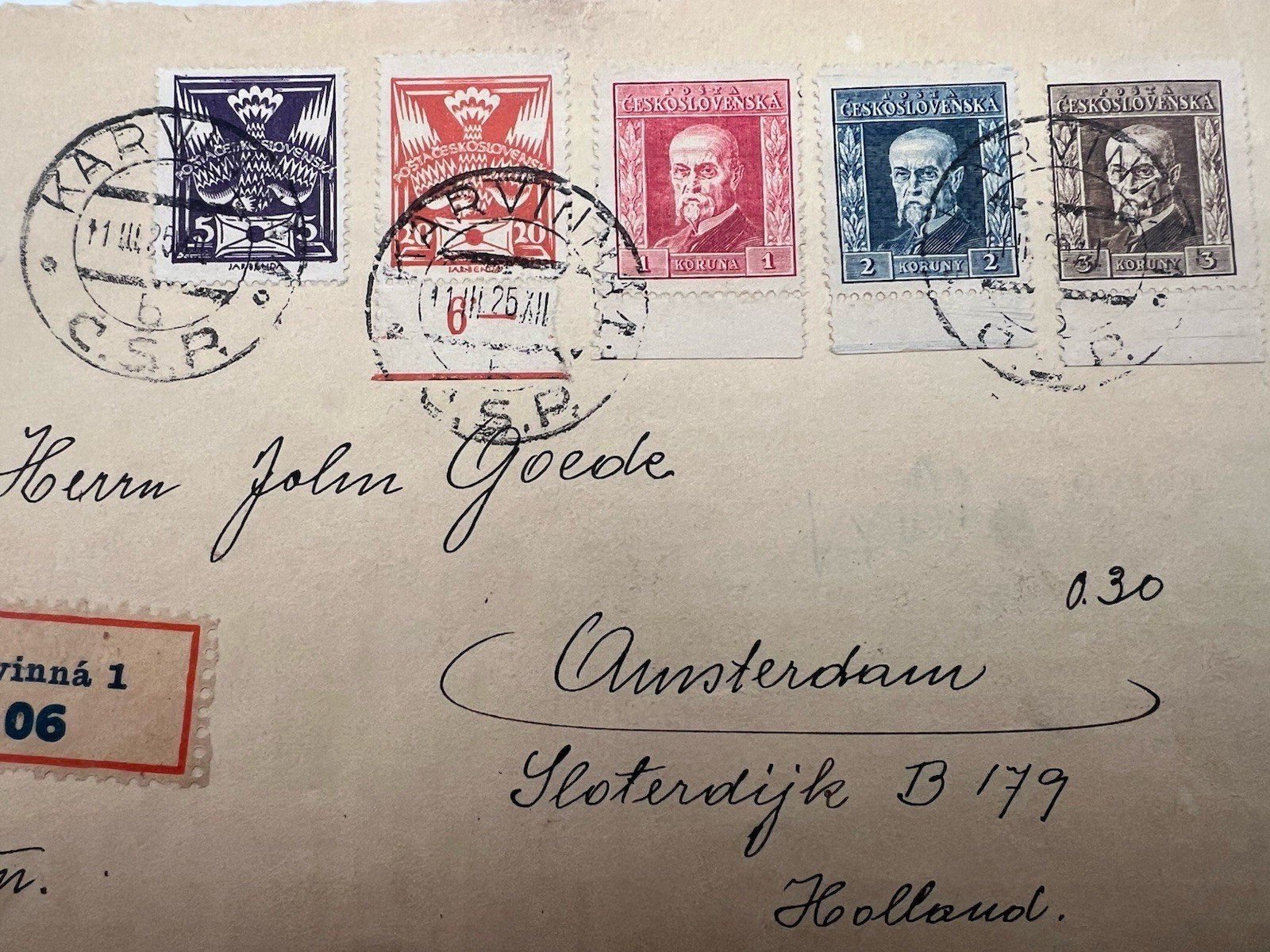 1925 Czechoslovakia Karvinna-Amsterdam Registered Cover Masaryk Stamps # 1214 photo 2
