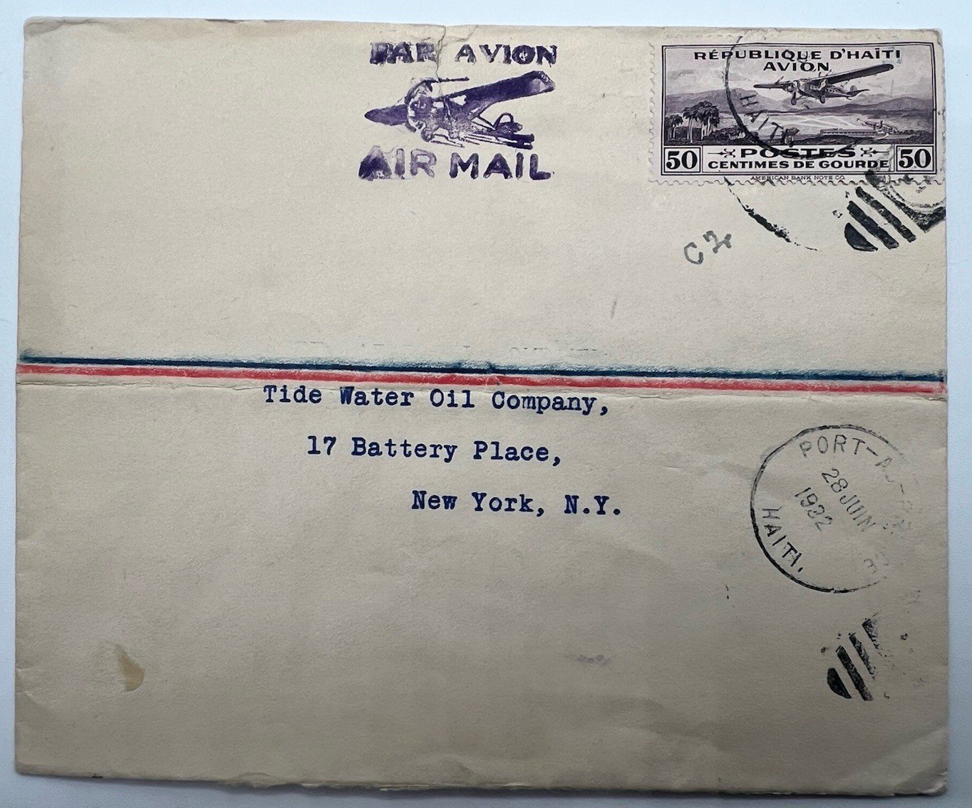 1932 Haiti Airmail Cover Preetzmann-Aggerholm to Tide Water Oil NY # 1215
